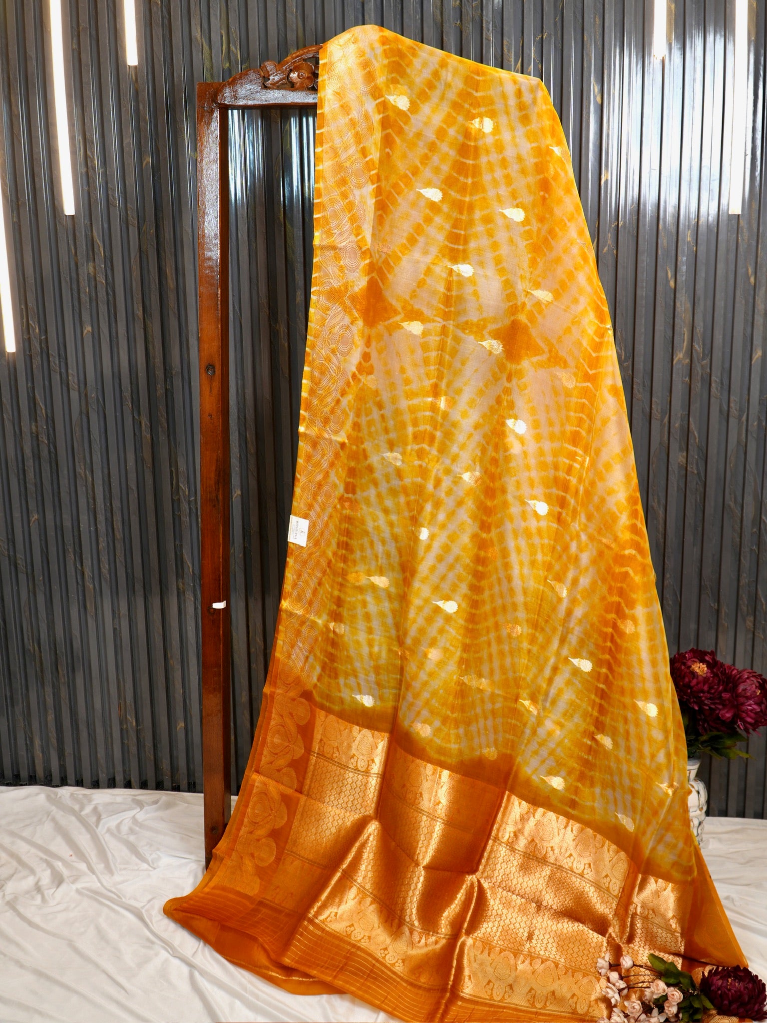 Yellow Handwoven Kora Silk Saree with Hand-Brush Dyeing & Zari Border