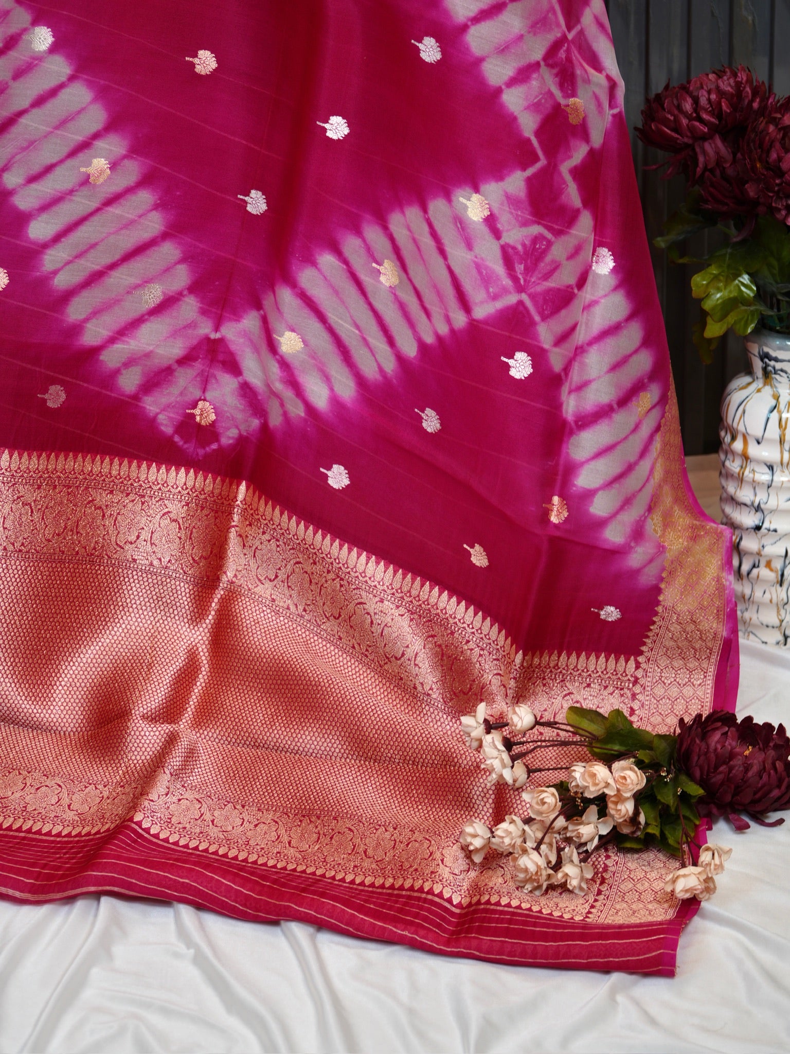 Apple Pink Handwoven Kora Silk Saree with Hand-Brush Dyeing & Zari Border