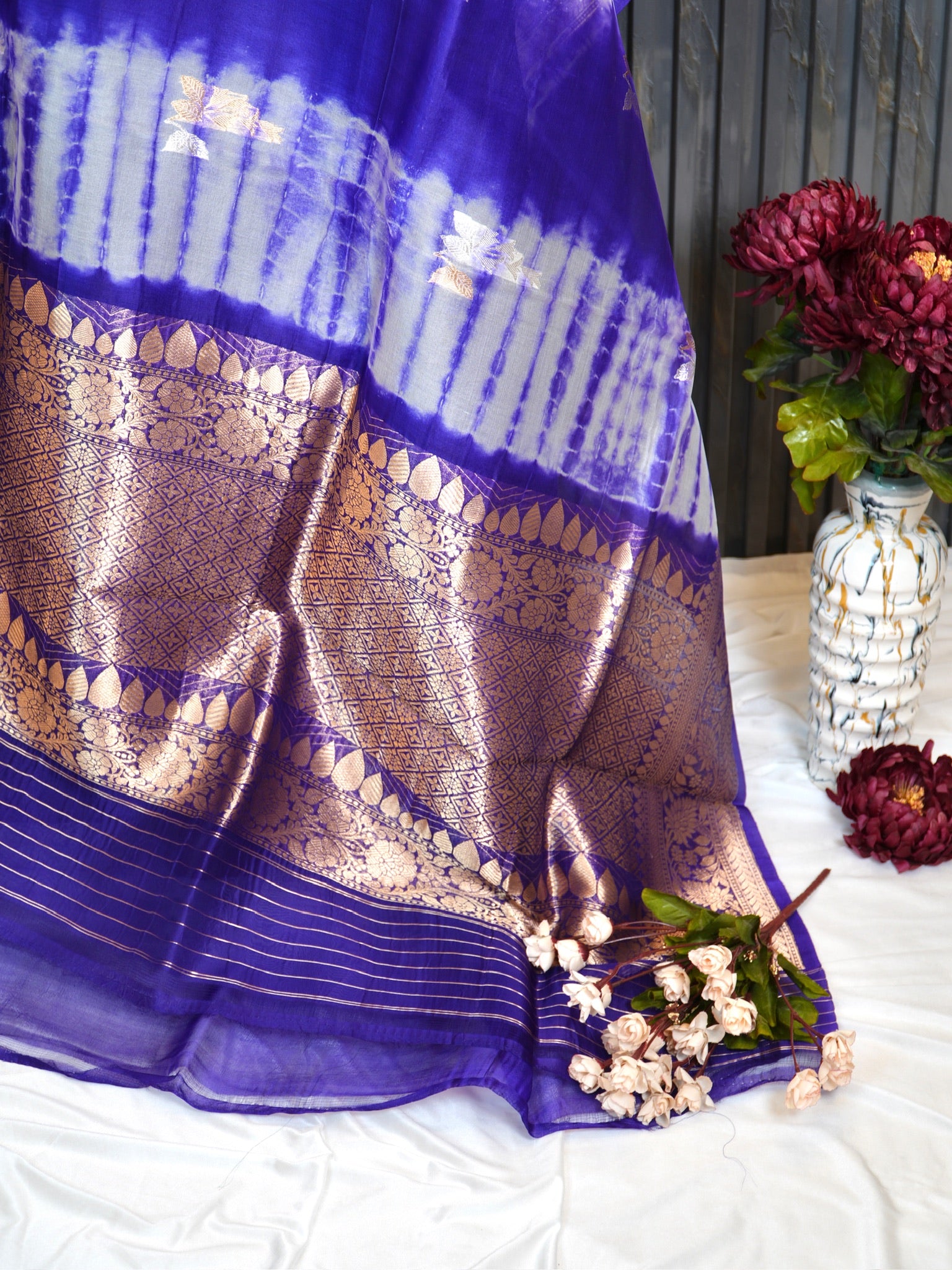 Blue Handwoven Kora Silk Saree with Hand-Brush Dyeing & Zari Border