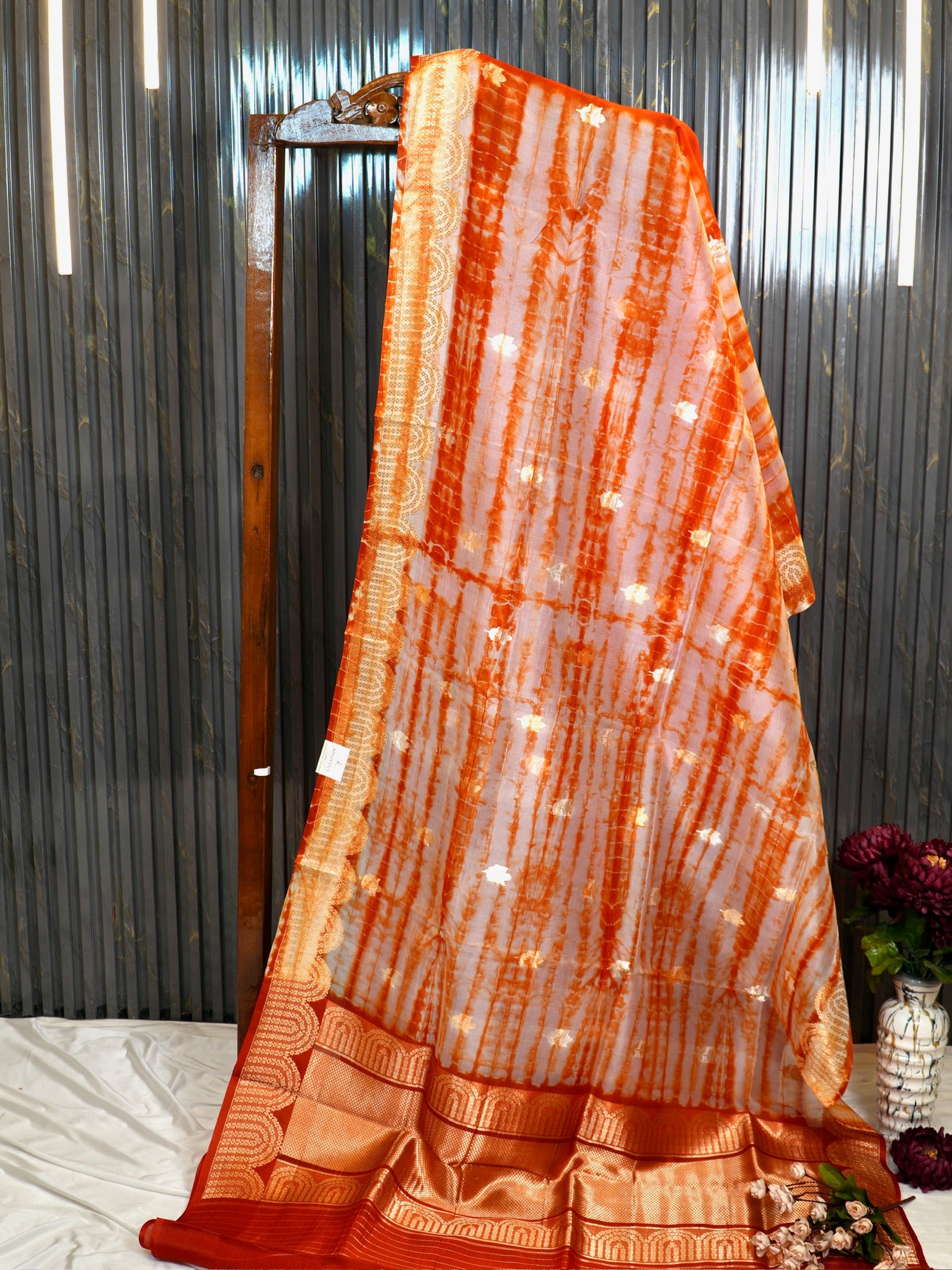 Rust Orange Handwoven Kora Silk Saree with Hand-Brush Dyeing & Zari Border