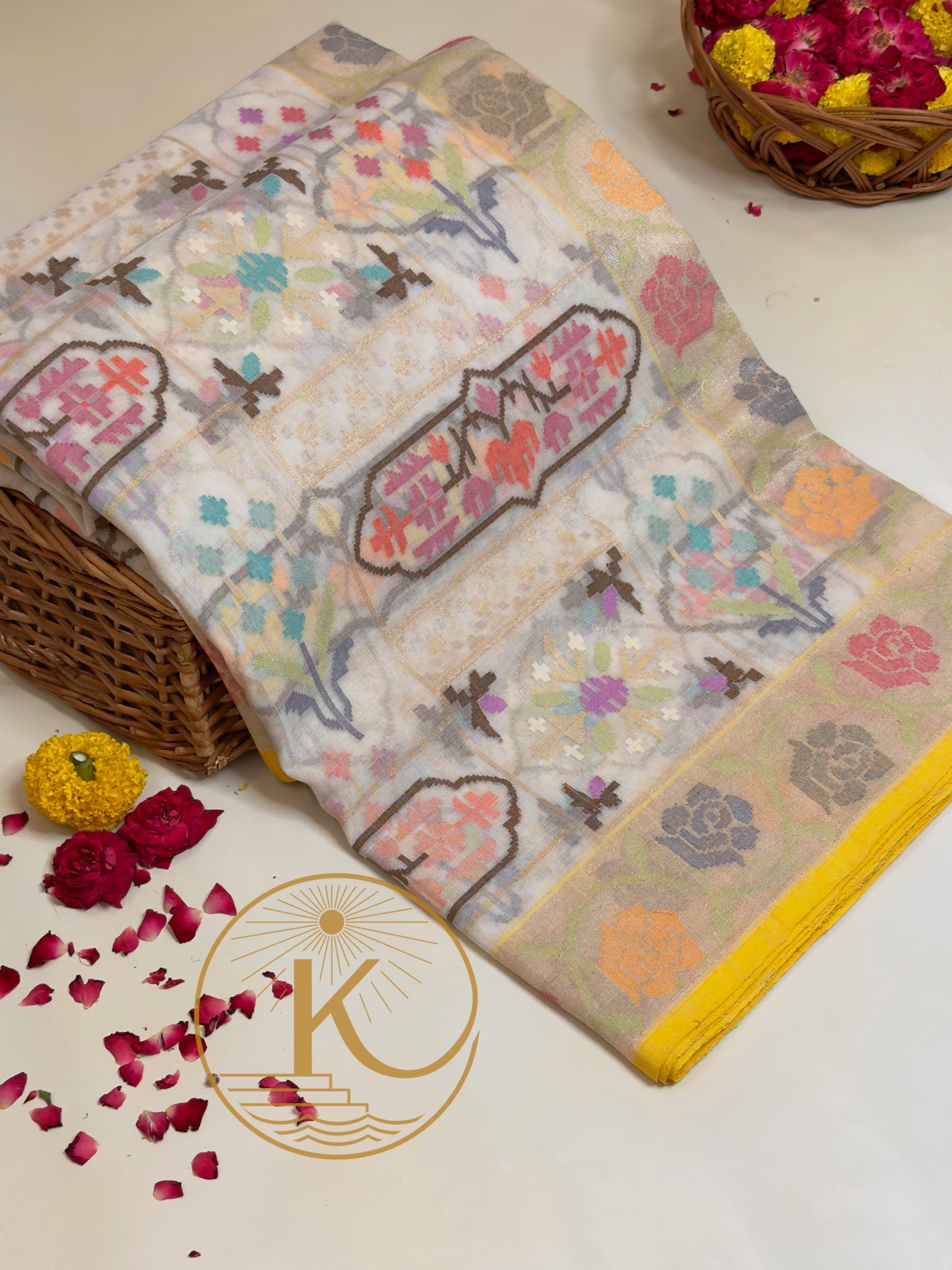 White Pure Real Zari Cotton Jamdani Saree with Floral Weaving