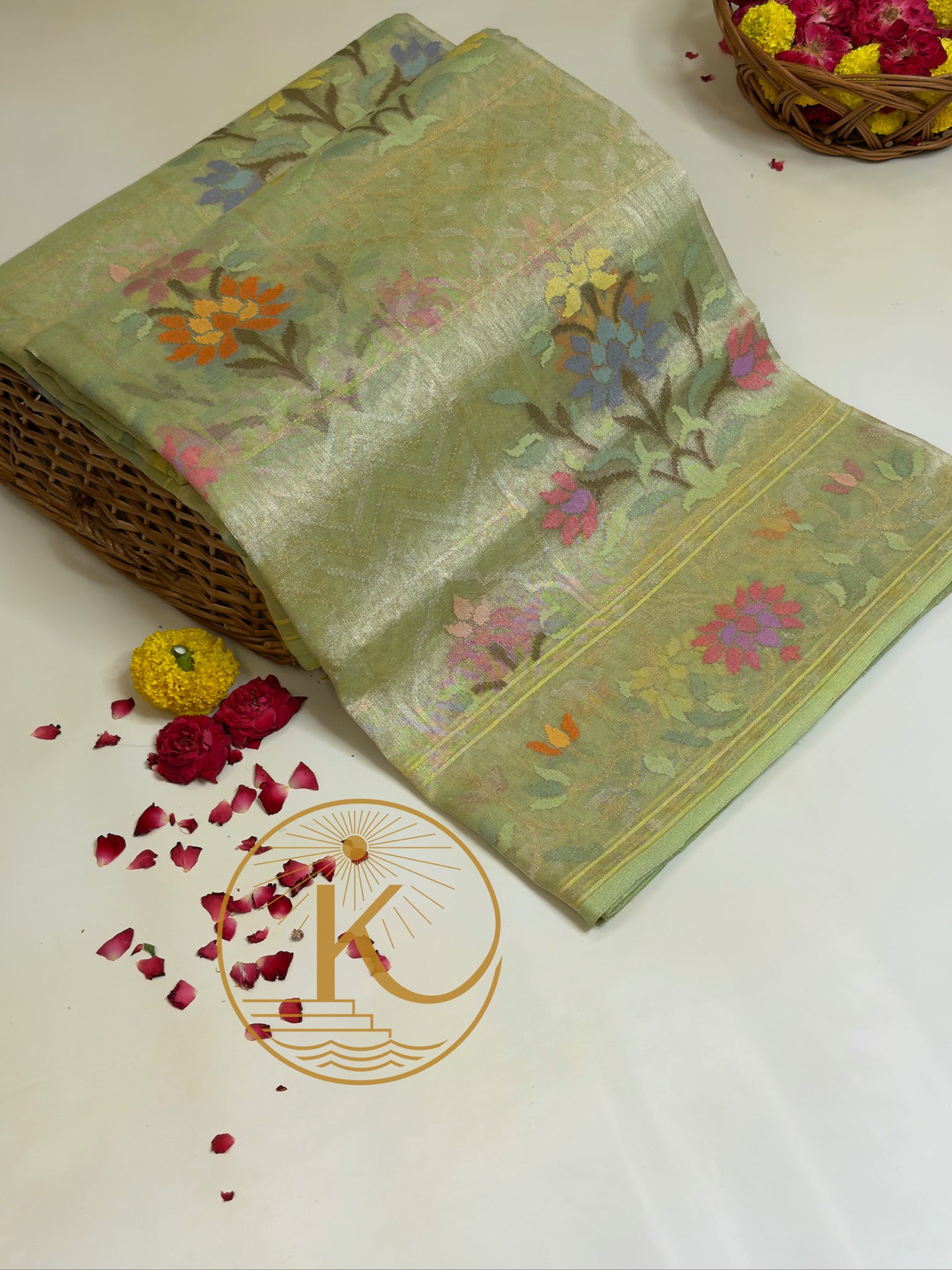 Pista Green Pure Real Zari Tissue Jamdani Saree with Floral Weaving