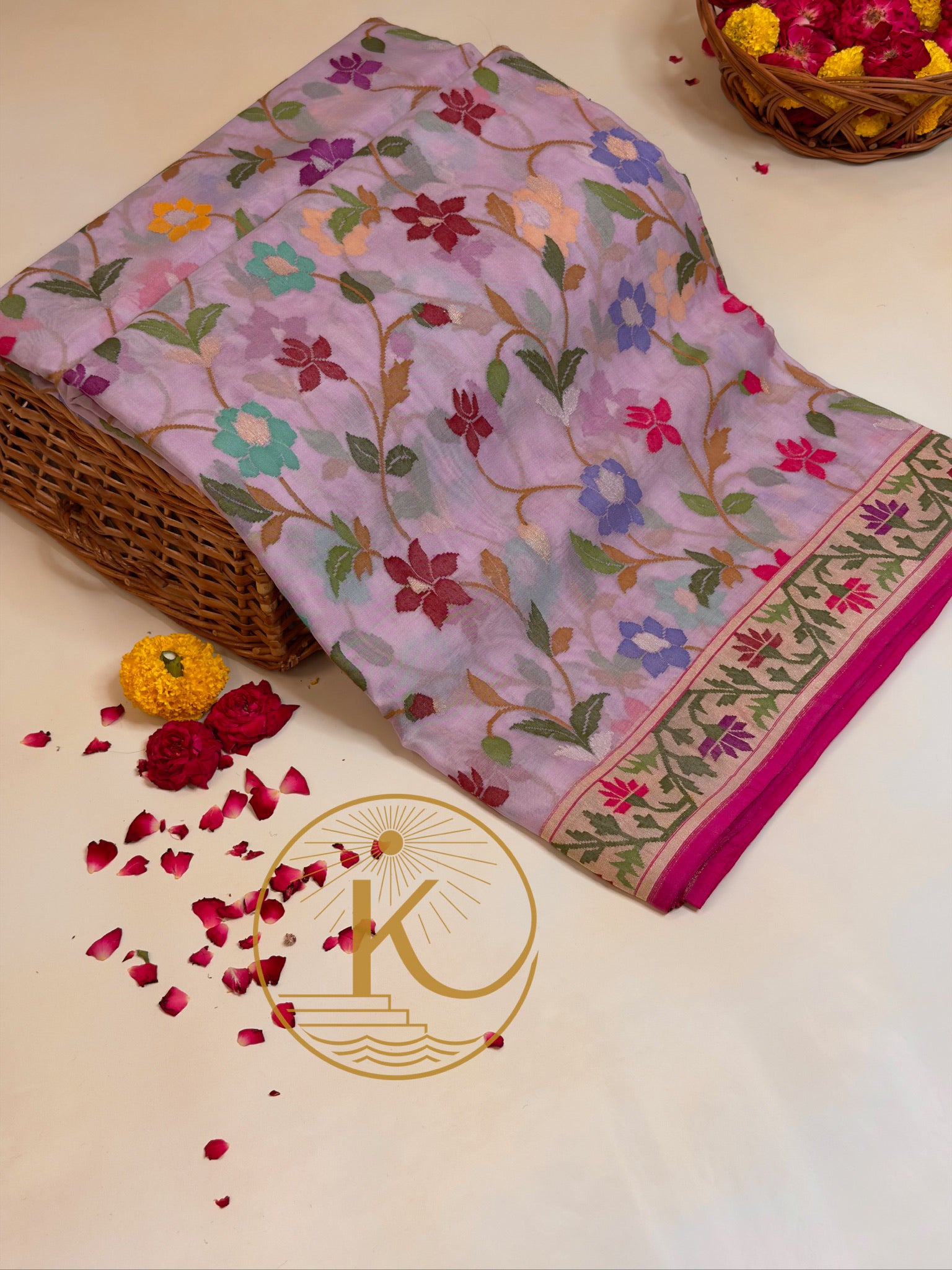 Realzari Pure Kora Organza Silk Saree in Lavender with Floral jall