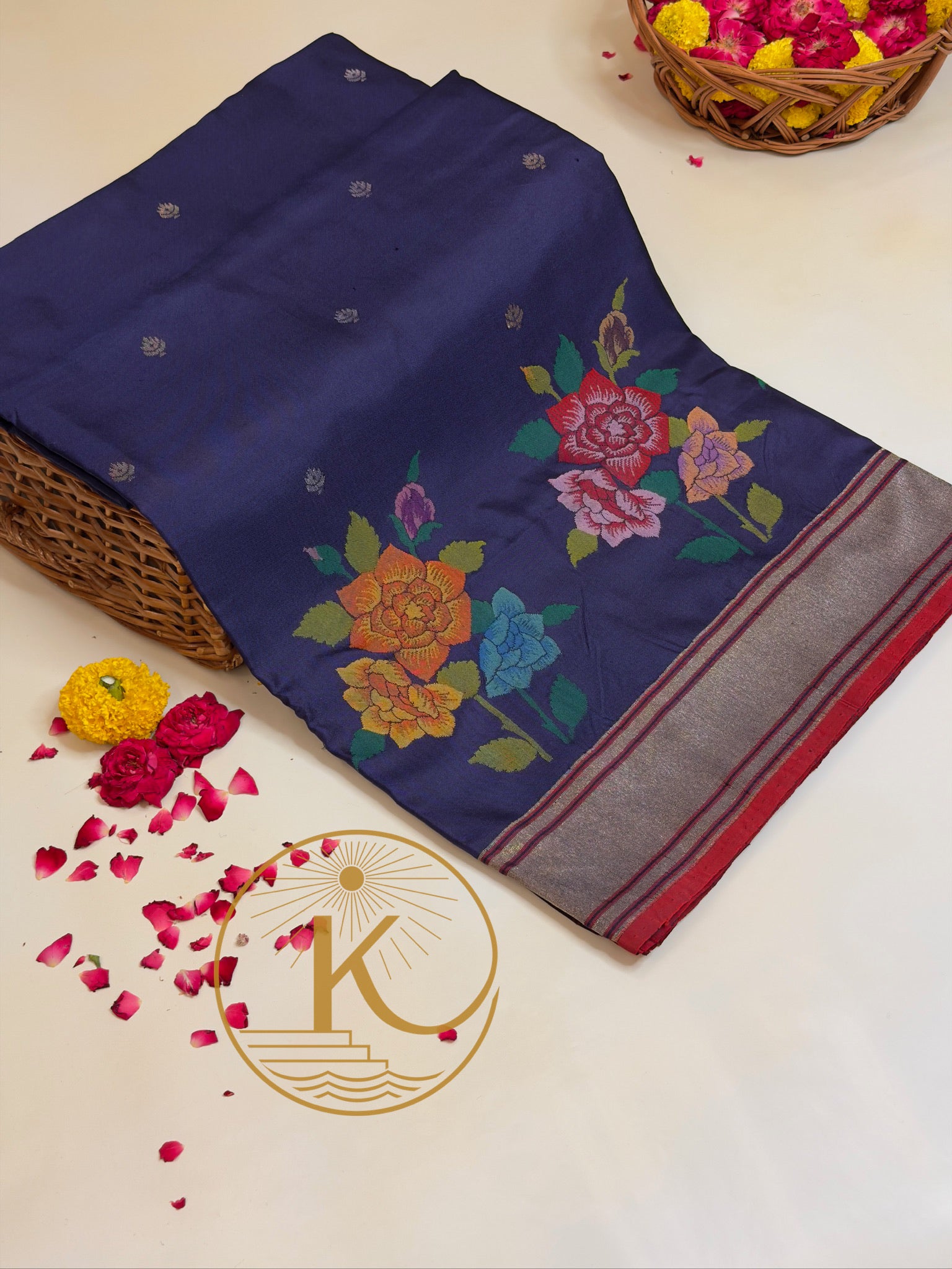Ink Blue Pure Real Zari Jamdani Saree with Floral Weaving