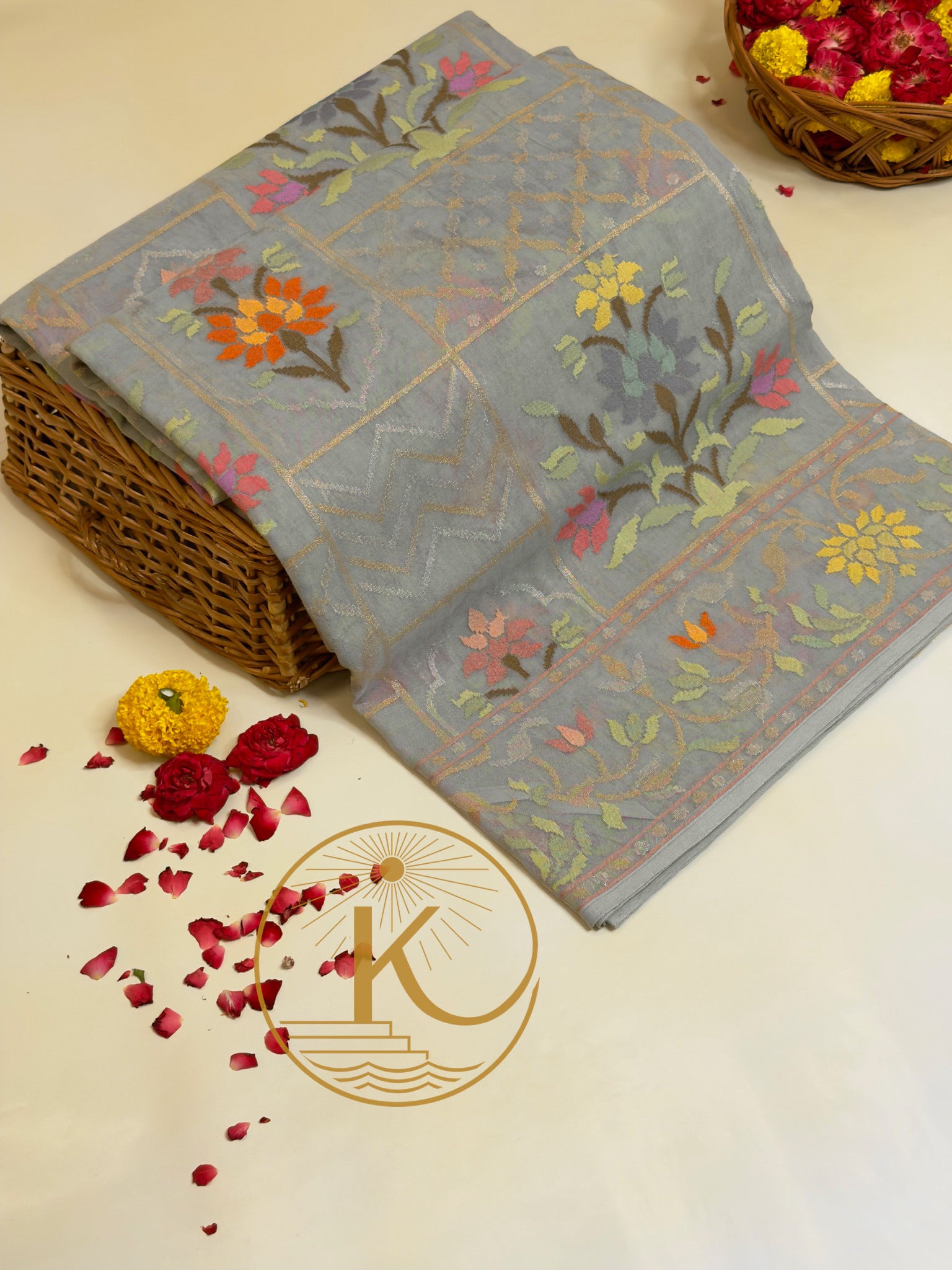 Ash Grey Pure Real Zari Jamdani Saree with Floral Weaving