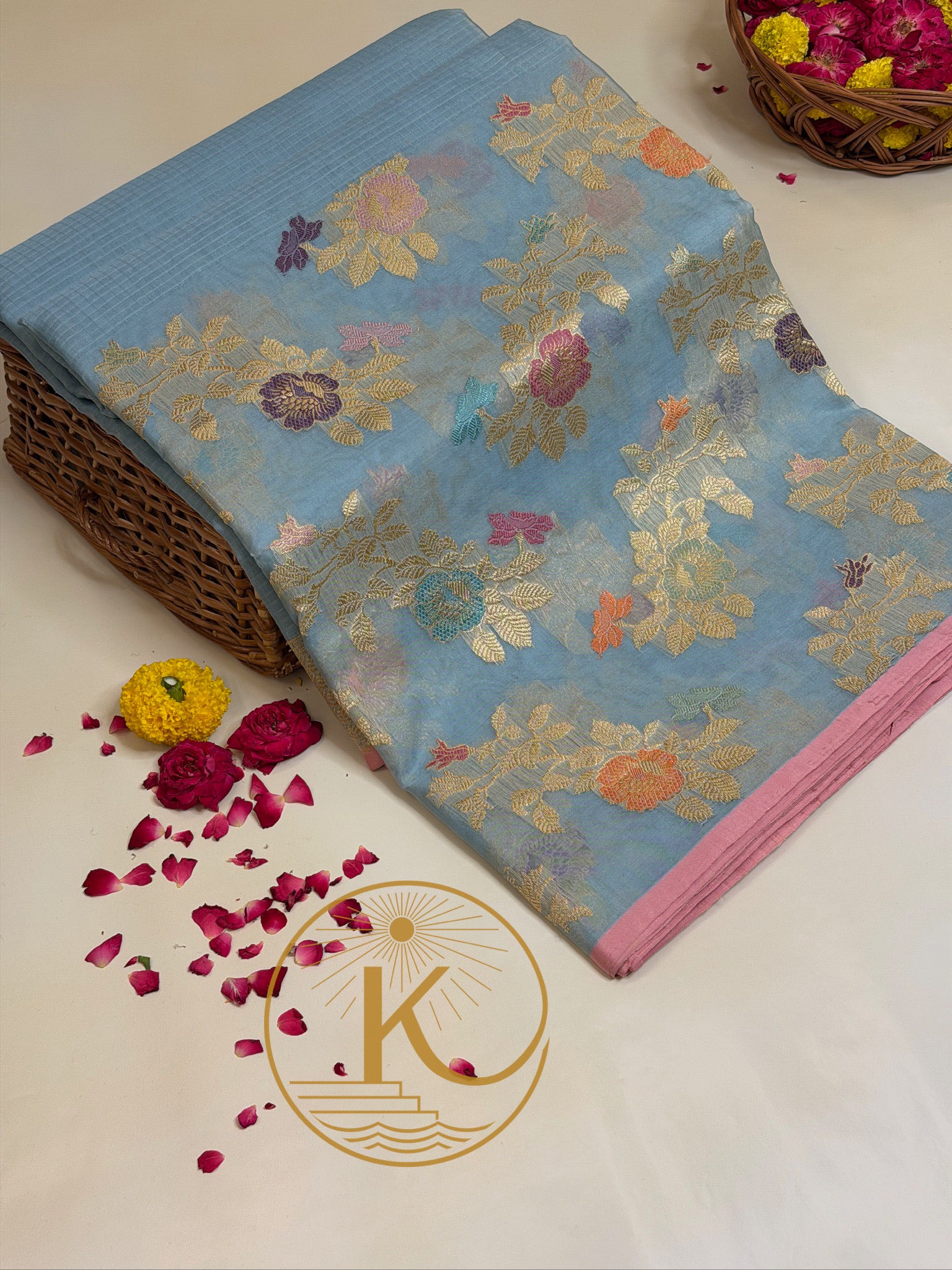 Pure Kora Organza Silk Saree in Pastel Blue with Floral Zari Work