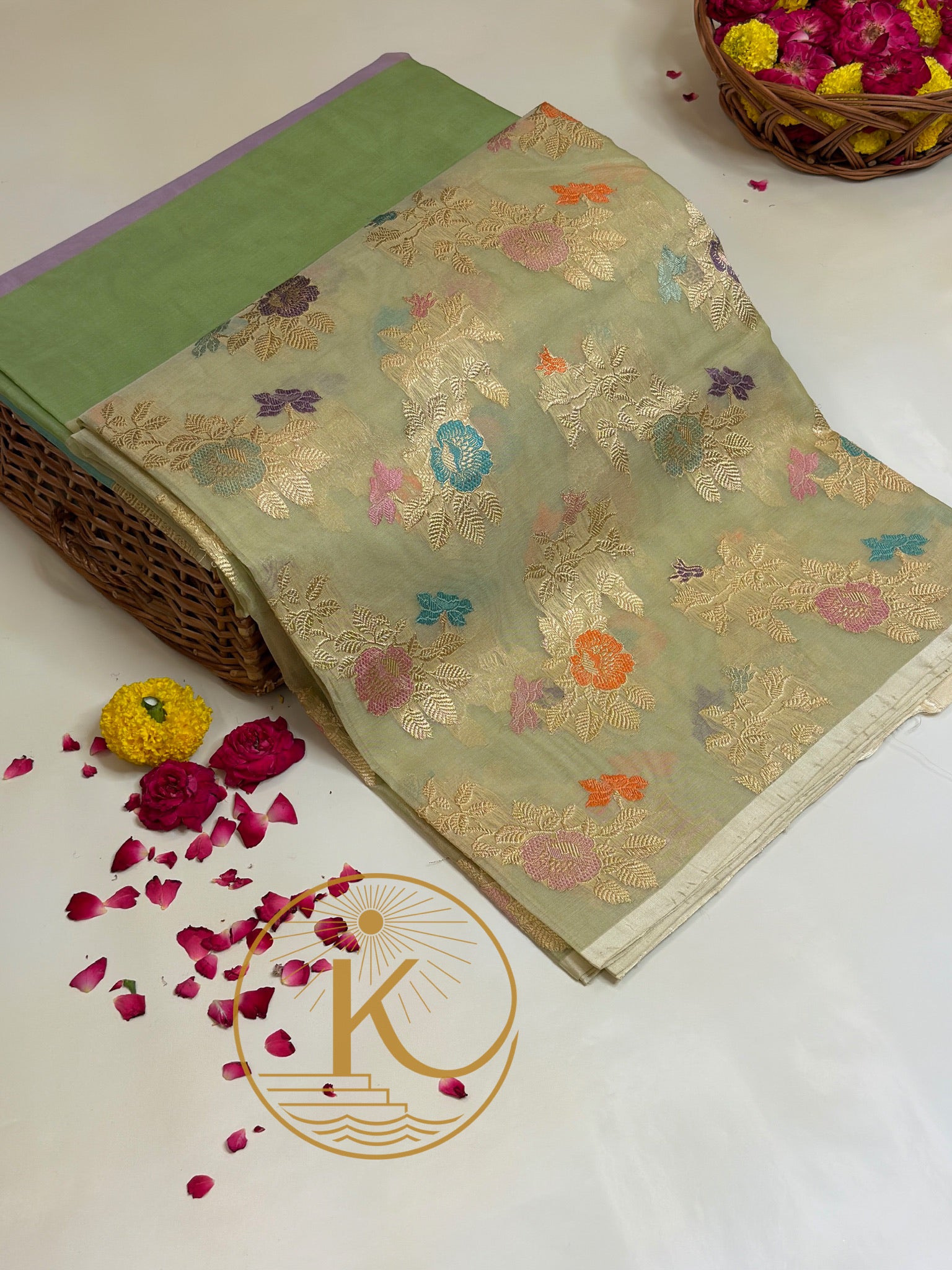 Pure Kora Organza Silk Saree in Pastel Sage Green with Floral Zari Work