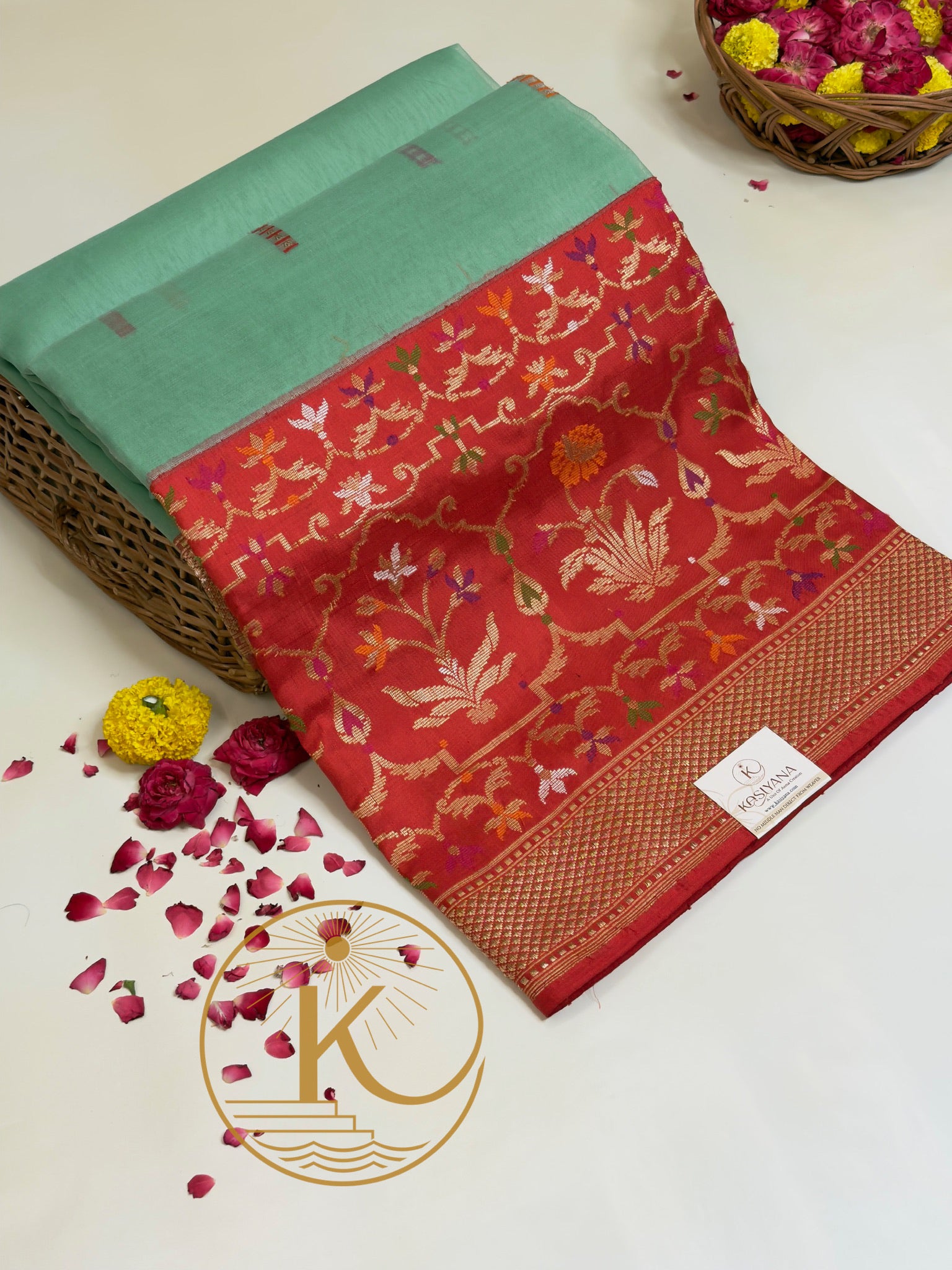 Pure Kora Organza Silk Saree in Sea Green  with Floral Zari Work
