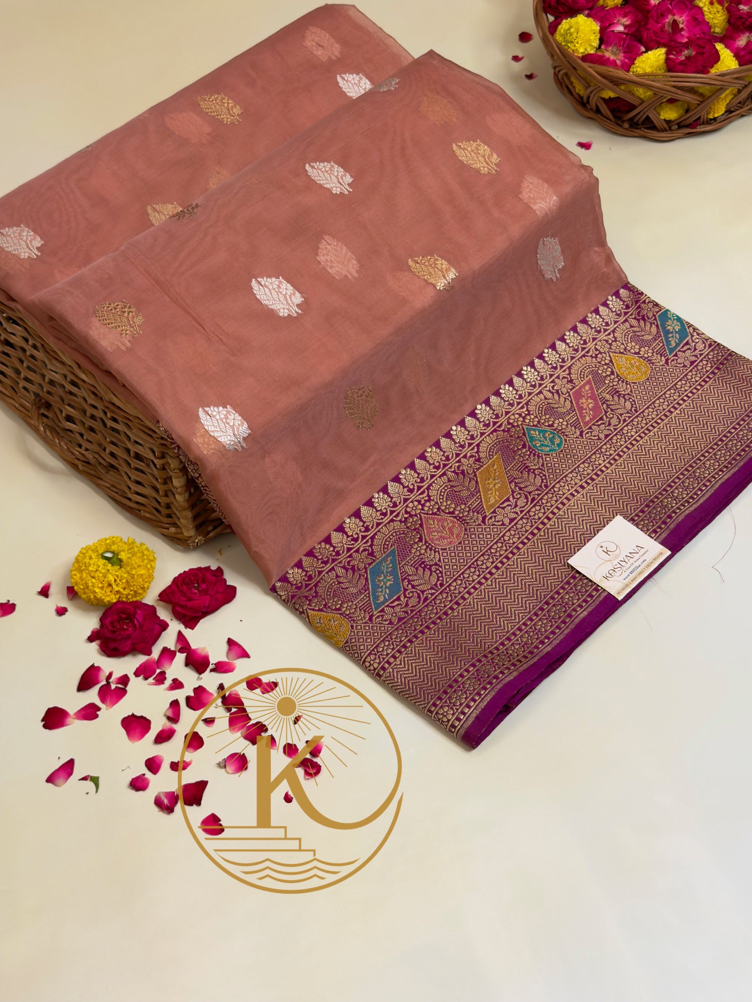 Peach Pink Premium Banarasi Kora Organza Silk Saree – 100% Handwoven | Elegant & Timeless Design