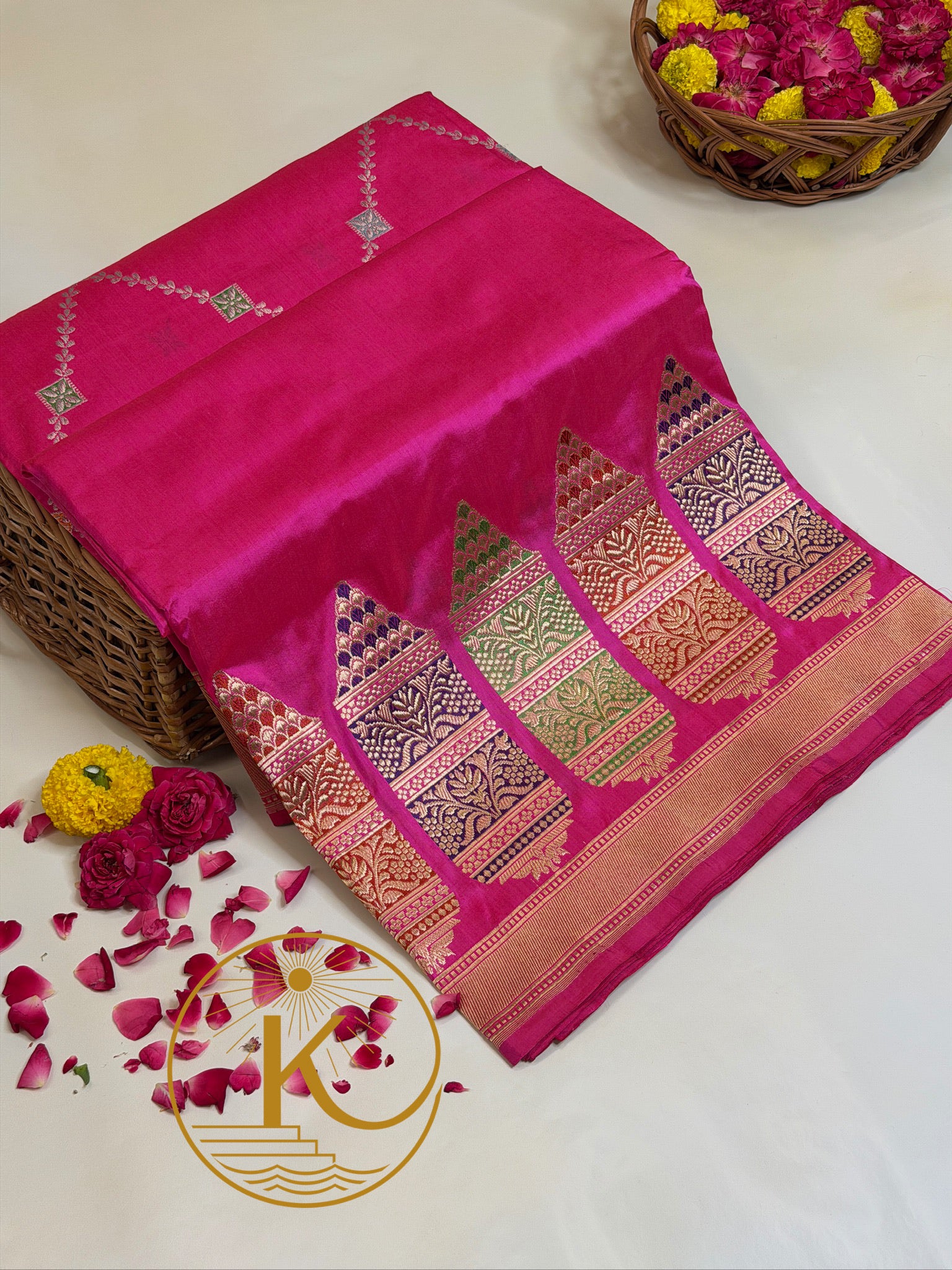 Rani Pink Pure Kadiyal Border Katan Silk Saree with Floral Zari Weaving