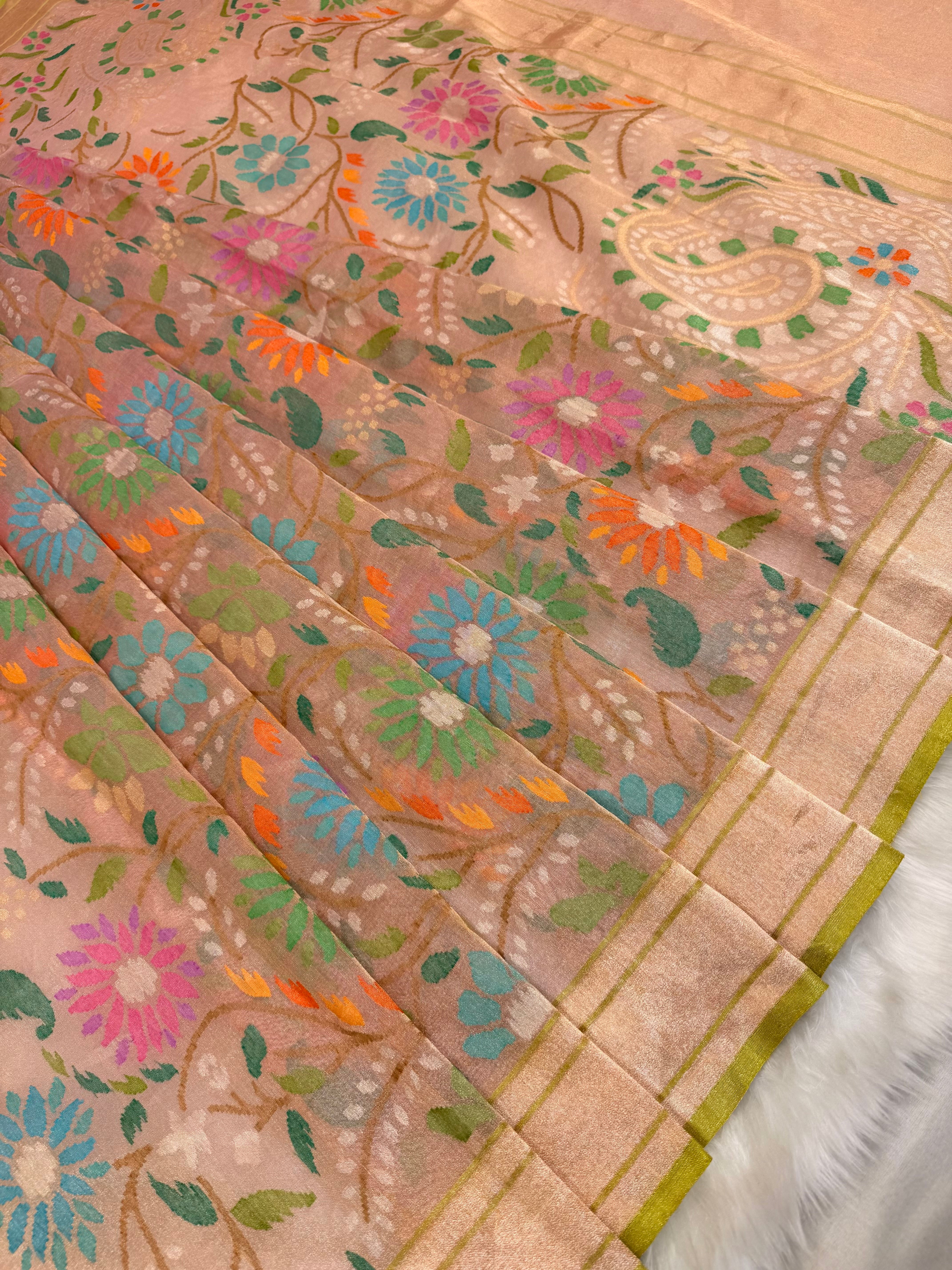 Pure Real Zari Tissue Jamdani Saree – Handwoven Luxury Floral Design with Rich ROSE PINK