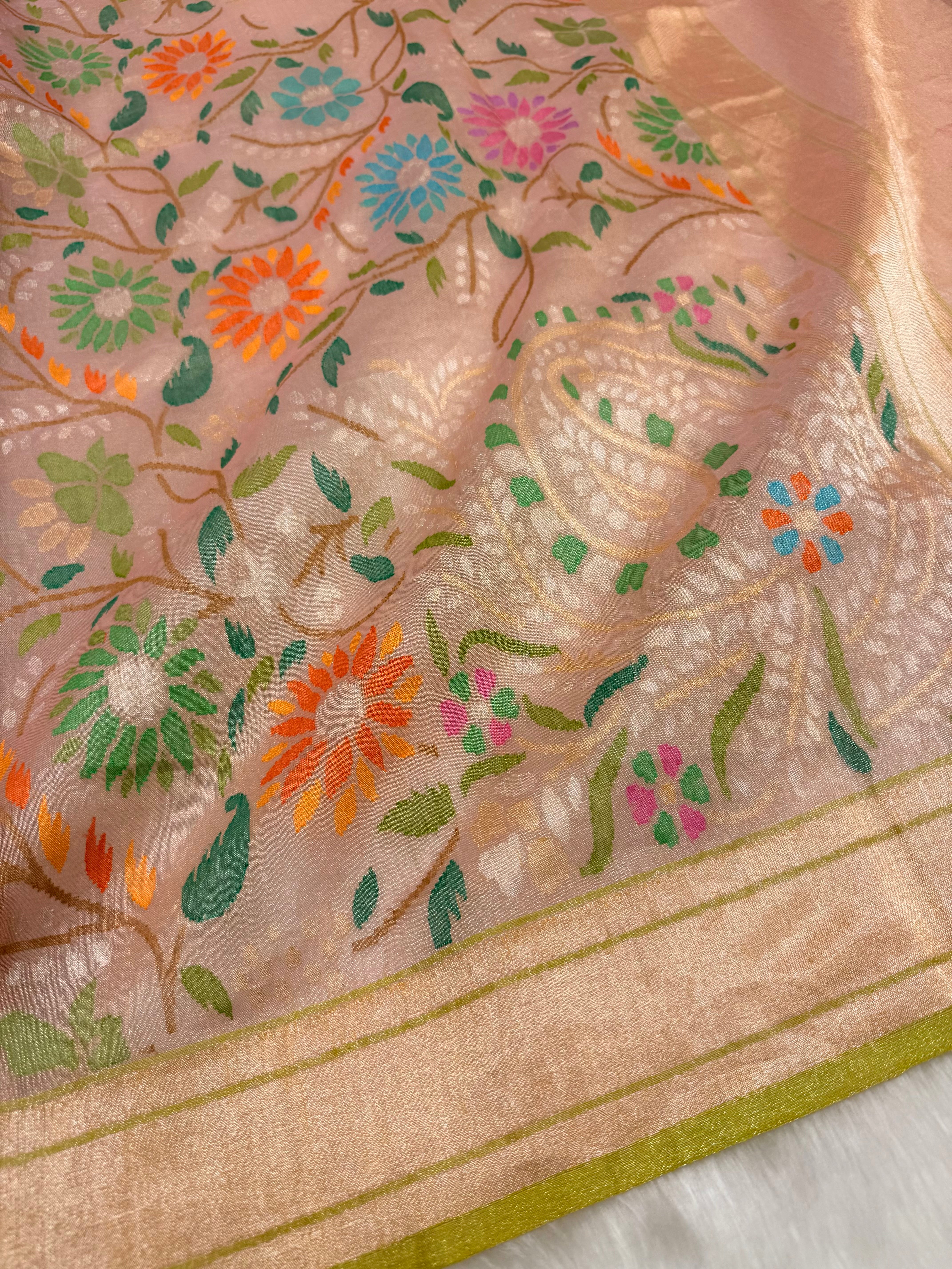 Pure Real Zari Tissue Jamdani Saree – Handwoven Luxury Floral Design with Rich ROSE PINK