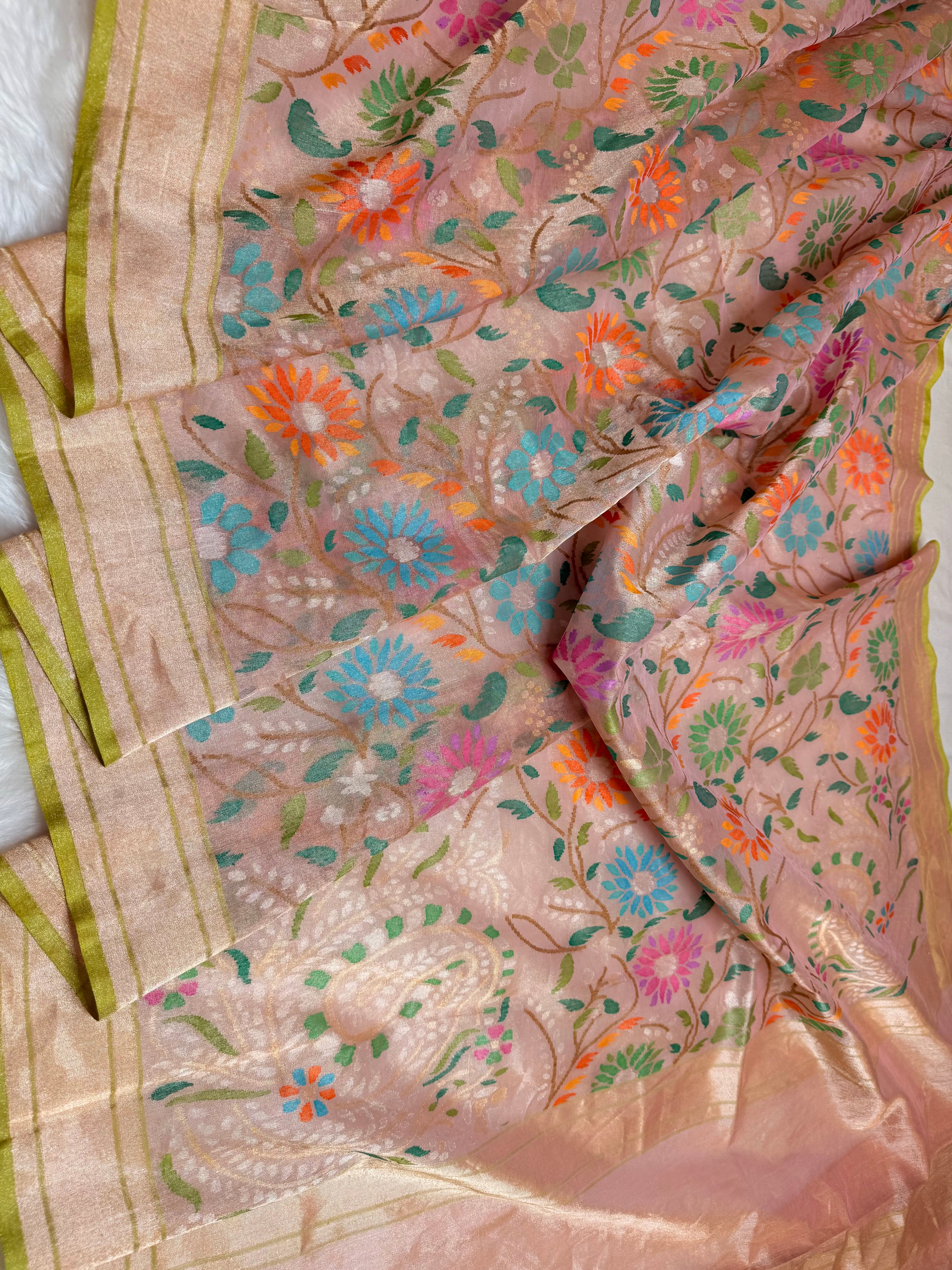 Pure Real Zari Tissue Jamdani Saree – Handwoven Luxury Floral Design with Rich ROSE PINK