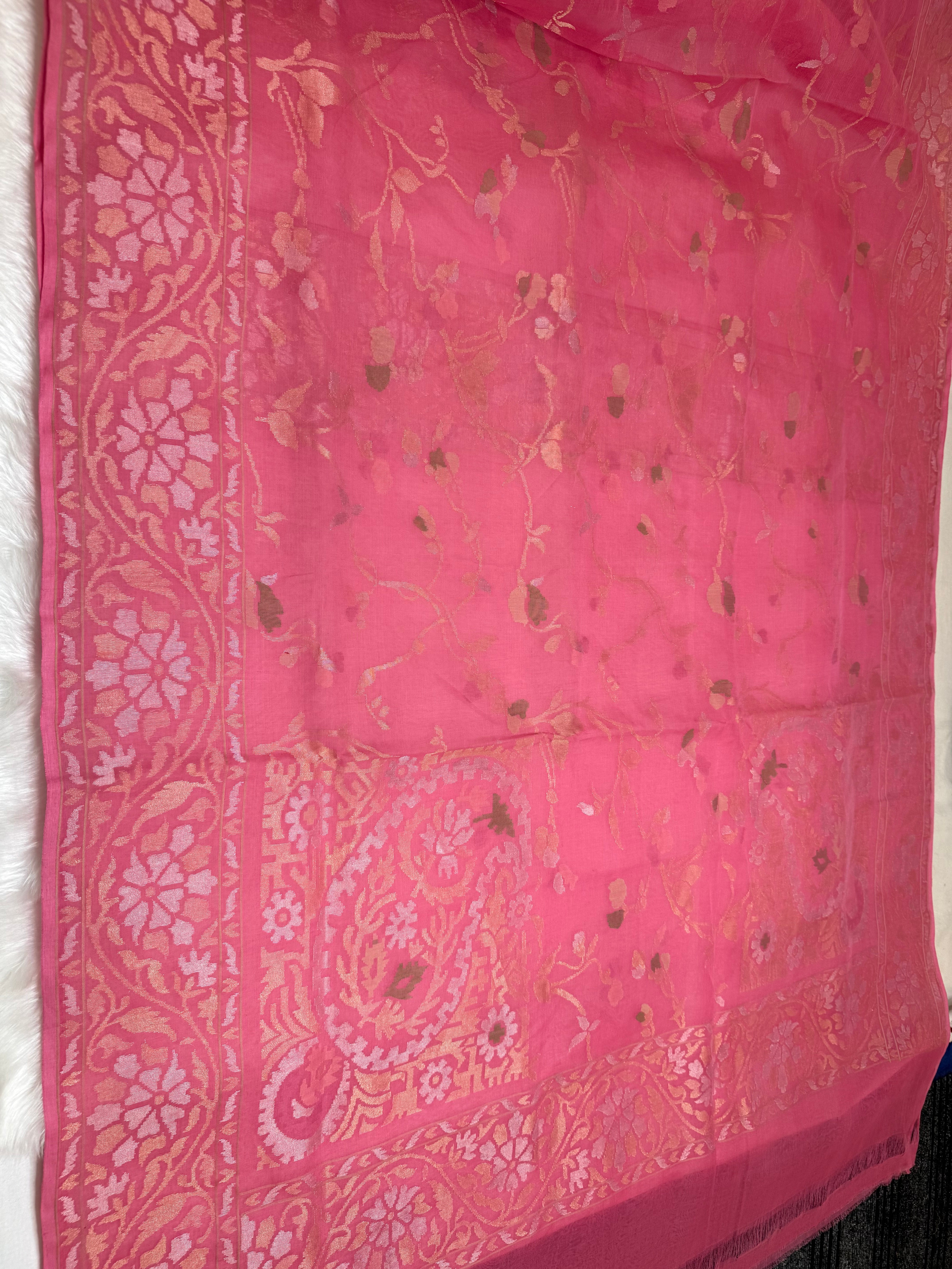 Natural onion pink Pure Cotton Jamdani  Real Gold Silver Zari Handwoven Saree
