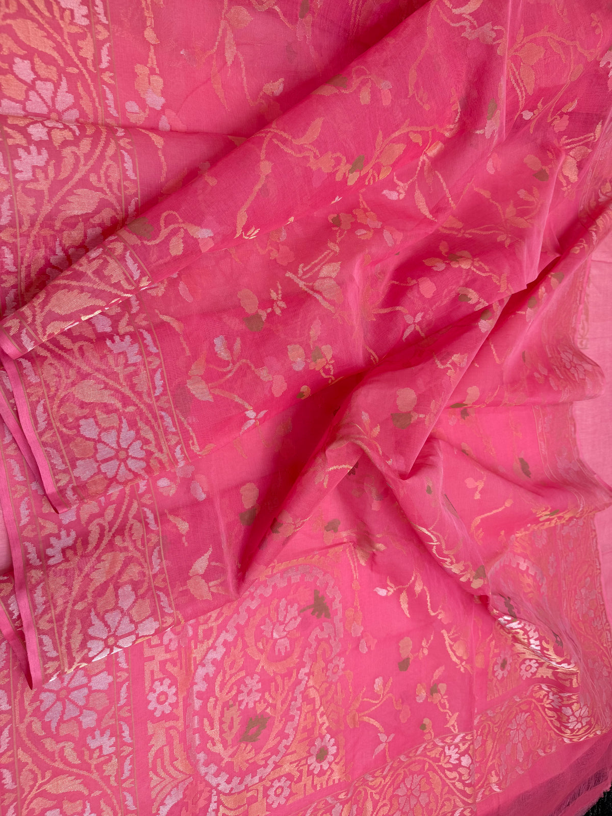 Natural onion pink Pure Cotton Jamdani  Real Gold Silver Zari Handwoven Saree