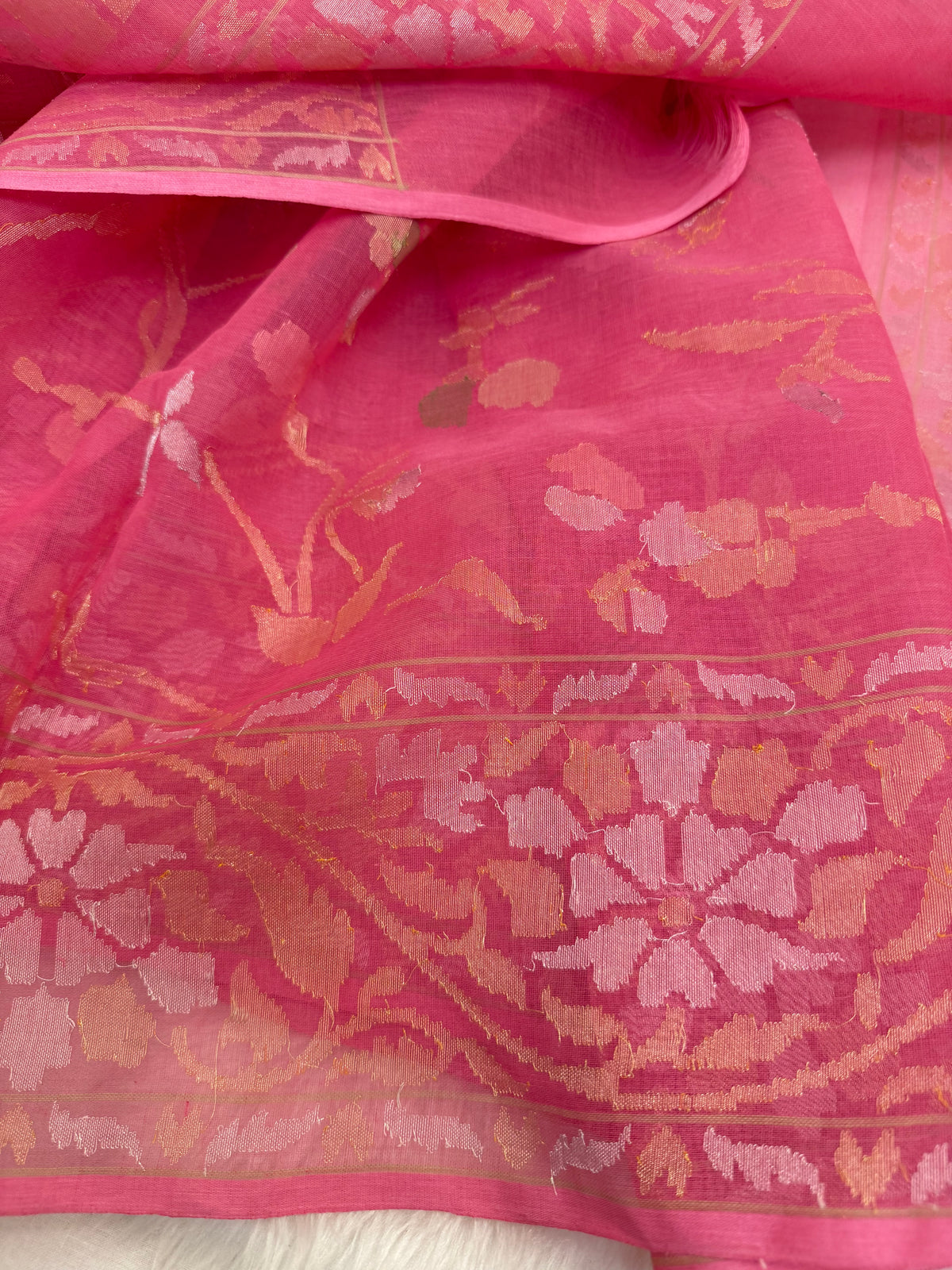 Natural onion pink Pure Cotton Jamdani  Real Gold Silver Zari Handwoven Saree
