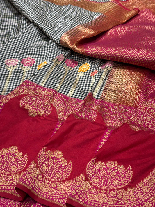 Black Checks Pure Katan Silk handwoven saree