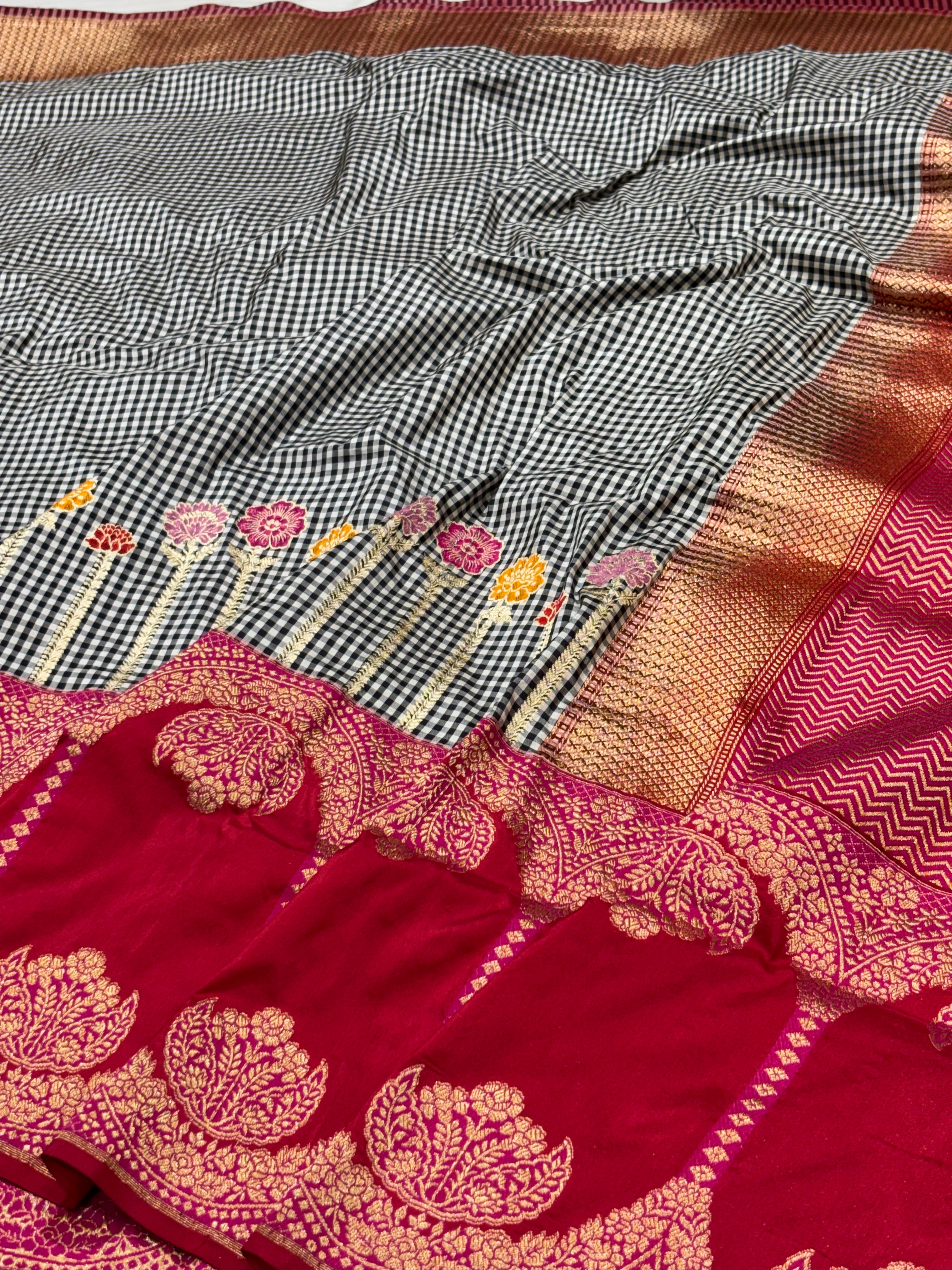 Black Checks Pure Katan Silk handwoven saree