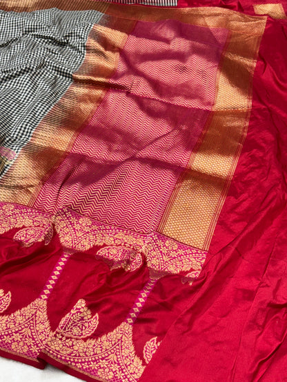 Black Checks Pure Katan Silk handwoven saree