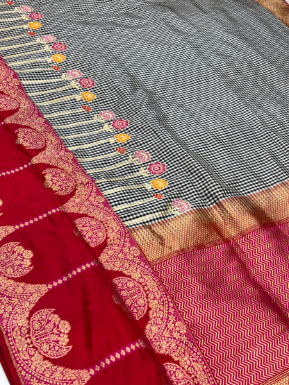 Black Checks Pure Katan Silk handwoven saree