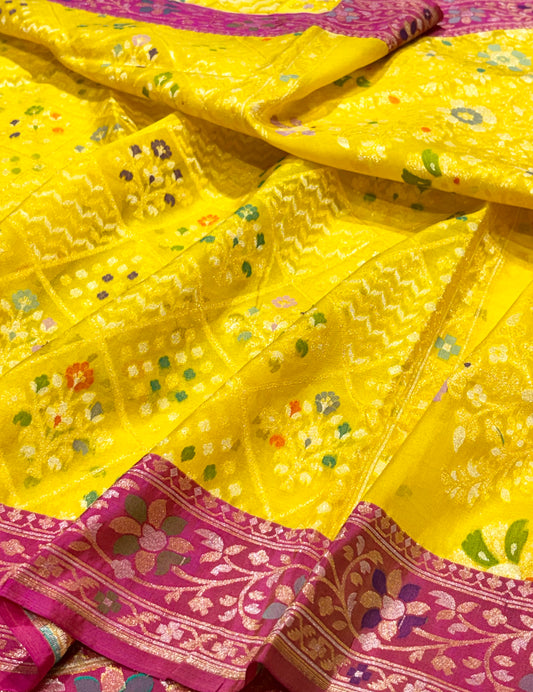 Yellow Ektara kora silk Jamdani Cutwork Zari Border Anchal Mina Work Saree