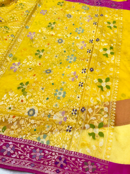 Yellow Ektara kora silk Jamdani Cutwork Zari Border Anchal Mina Work Saree