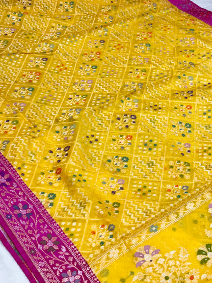 Yellow Ektara kora silk Jamdani Cutwork Zari Border Anchal Mina Work Saree