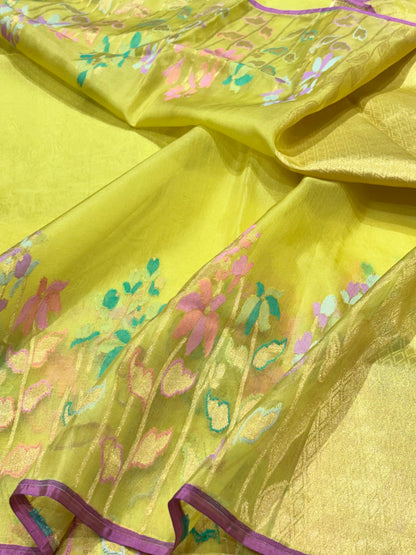 Neon Green pure Kora Silk handwoven  Saree