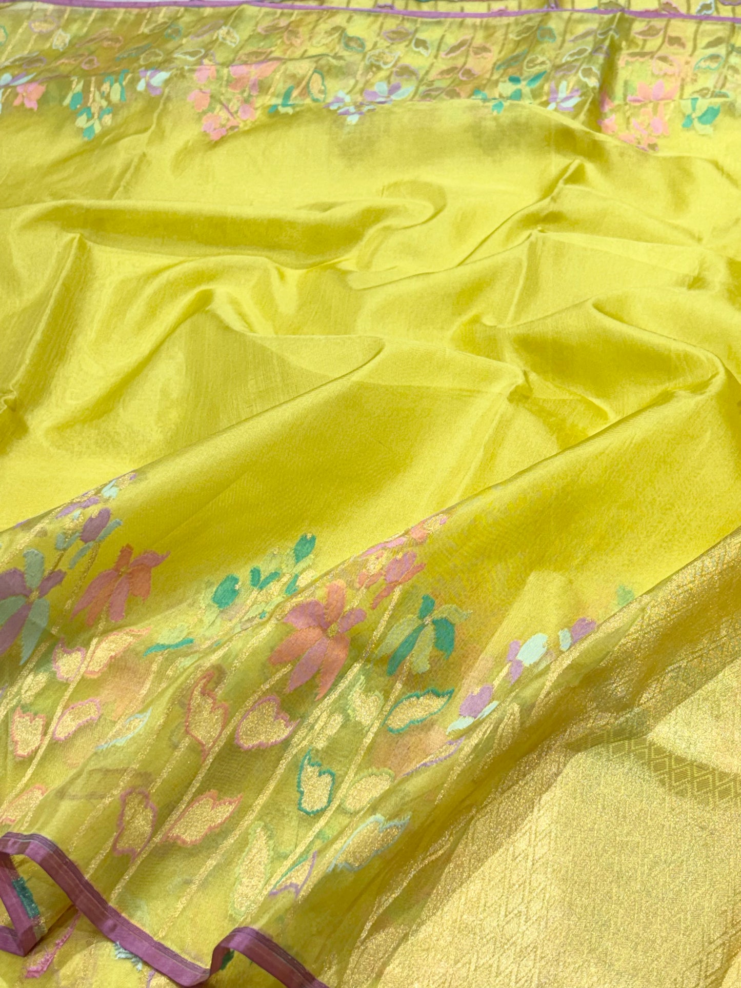 Neon Green pure Kora Silk handwoven  Saree