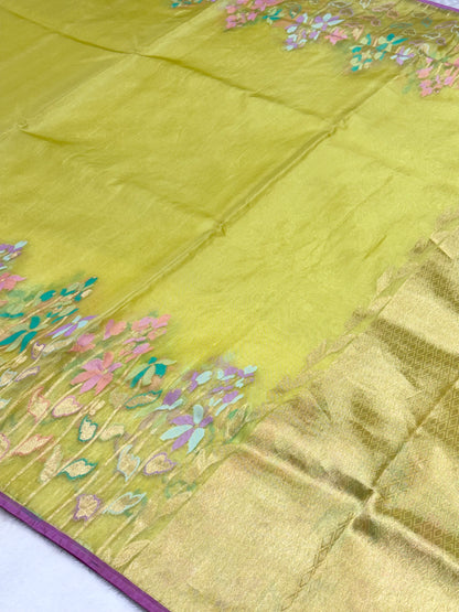 Neon Green pure Kora Silk handwoven  Saree