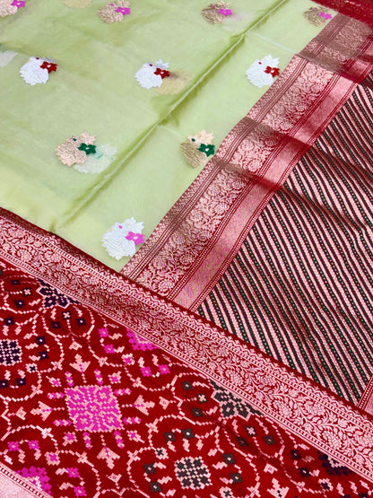 Fresh Pista Green Pure Kora Silk handwoven  Saree