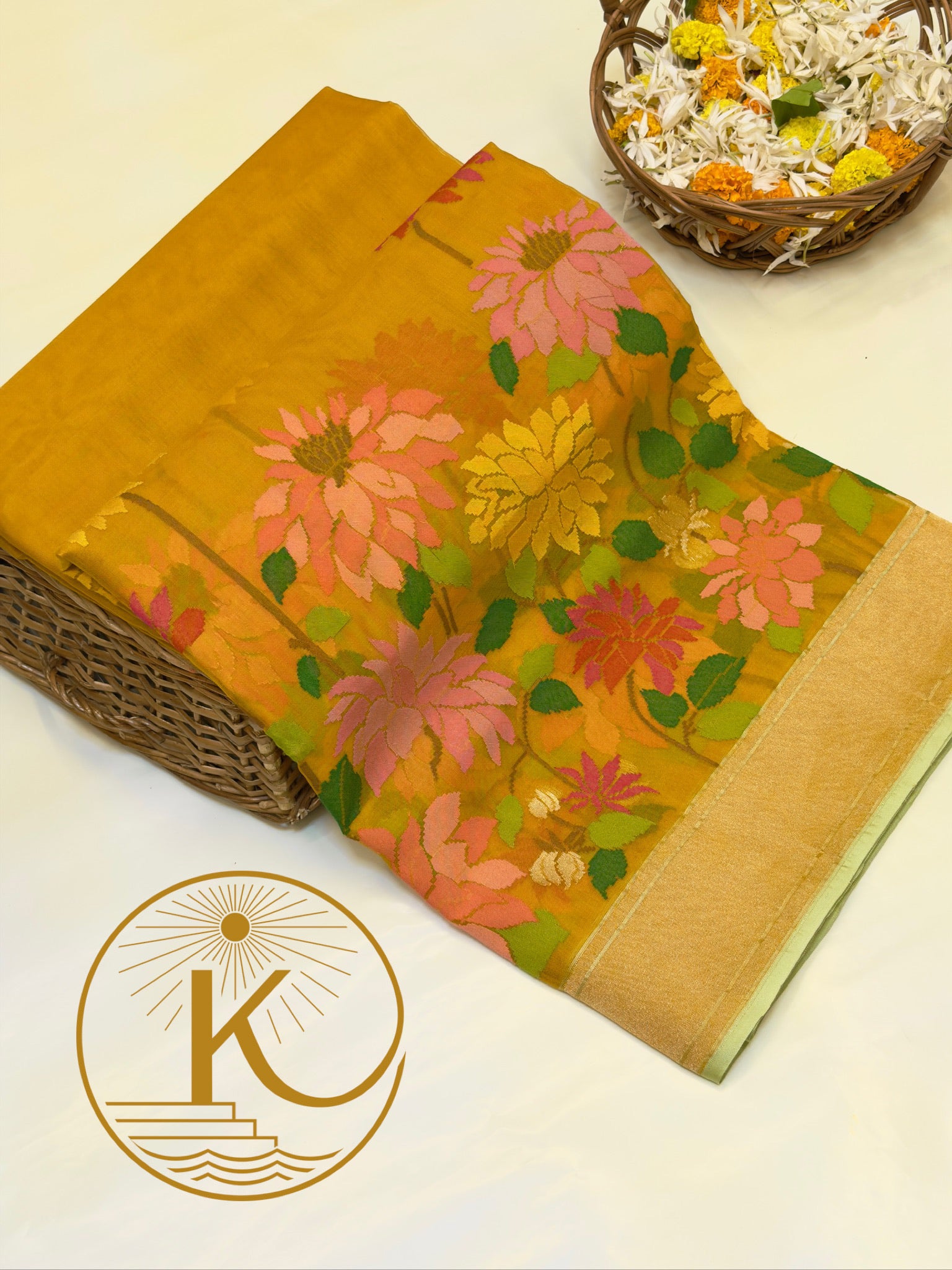 Pure Kora Organza Silk Jamdani Saree in Yellow with Skrt Border Handwoven Saree