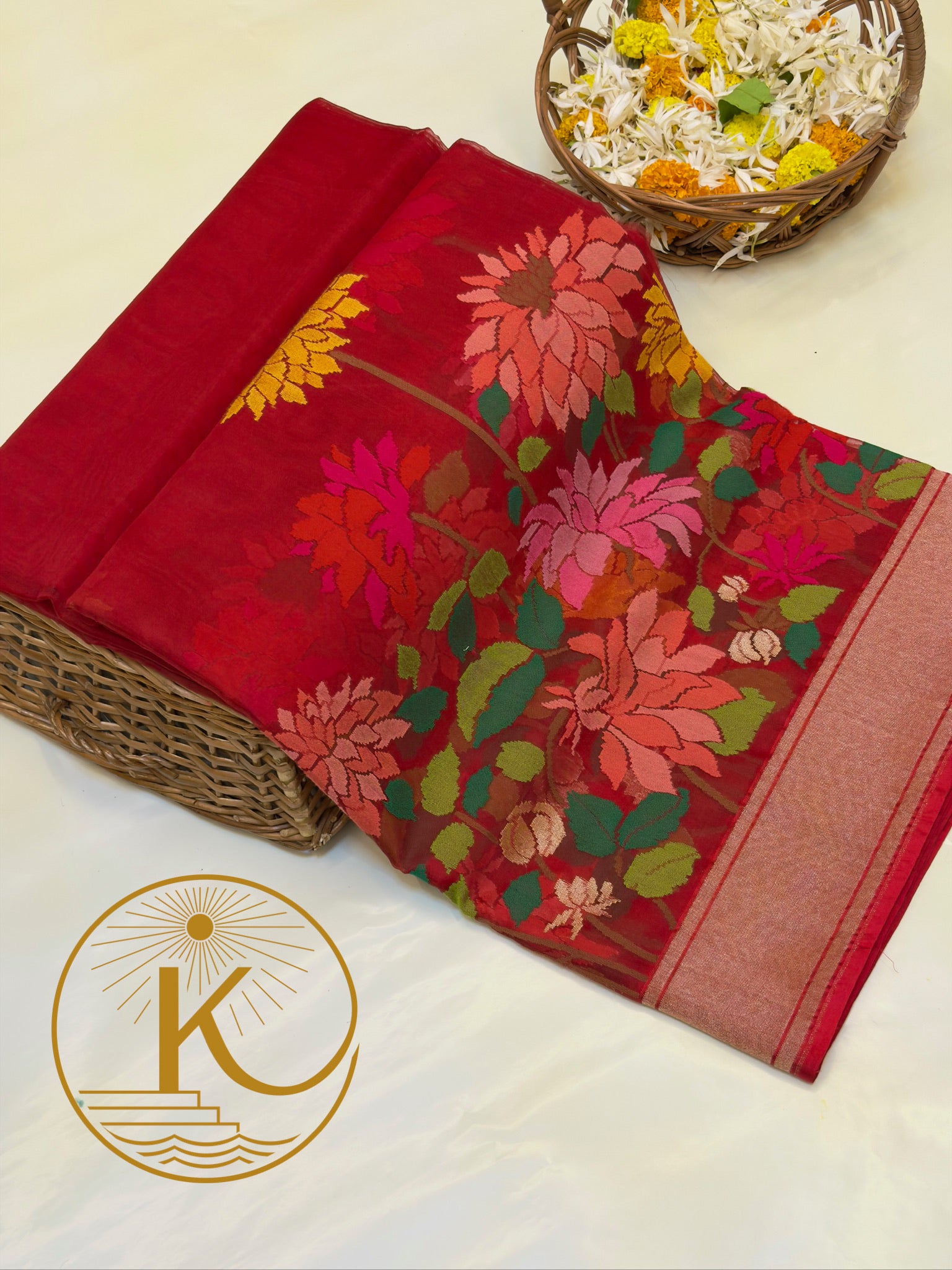 Pure Kora Organza Silk Jamdani Saree in Red with Skrt Border Handwoven Saree