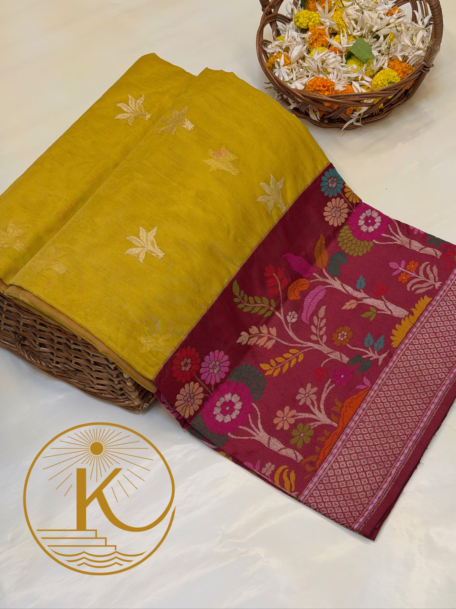Pure Kora Organza Silk Jamdani Saree in Yellow Handwoven Saree