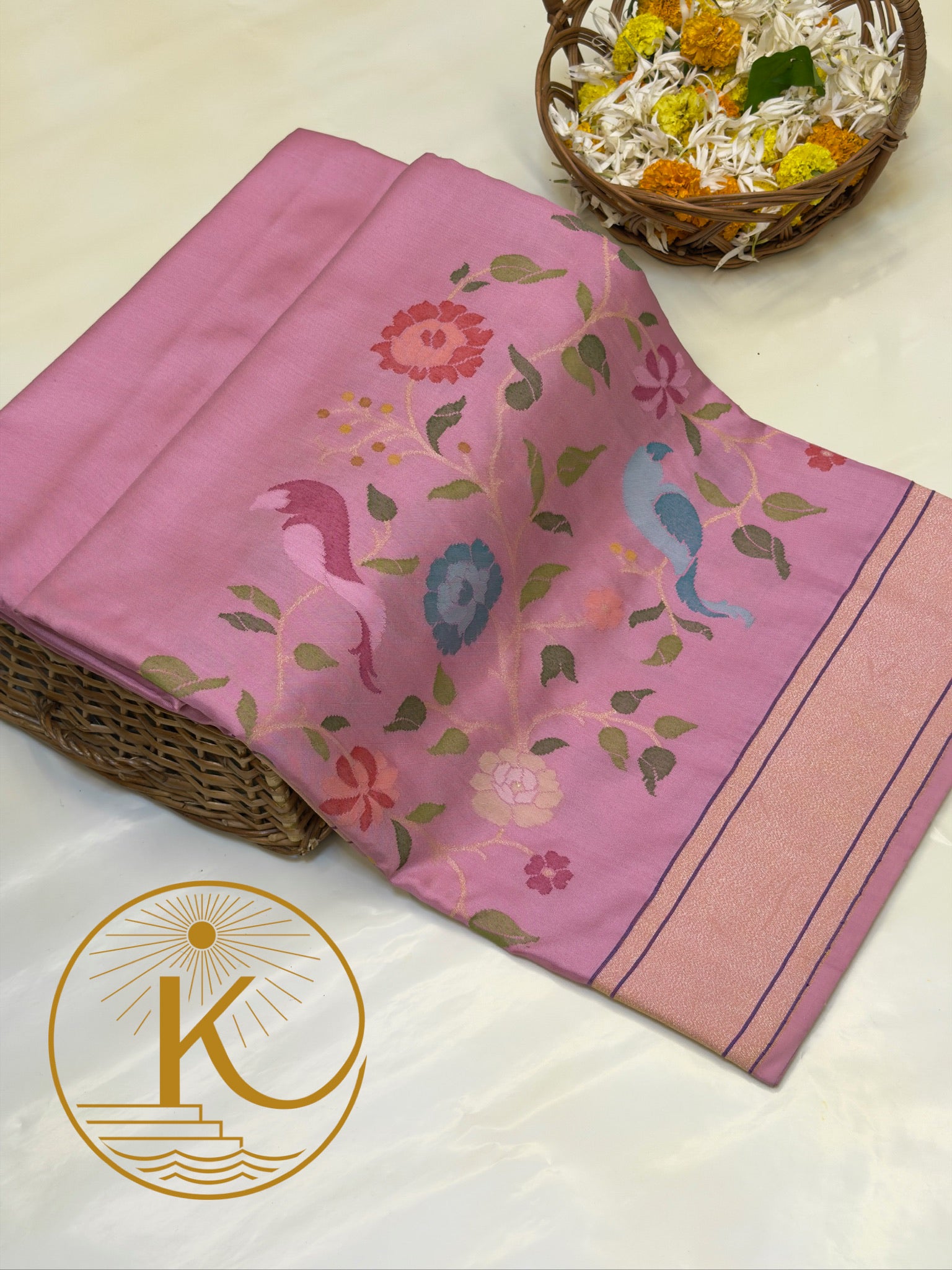 Powder Pink Pure Banarasi Ektara Mulberry Silk Jamdani  With Skrt Border Handwoven Saree