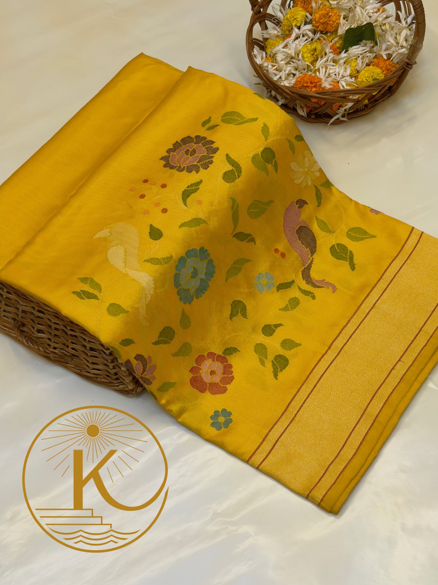 Mango Yellow Pure Banarasi Ektara Mulberry Silk Jamdani  With Skrt Border Handwoven Saree