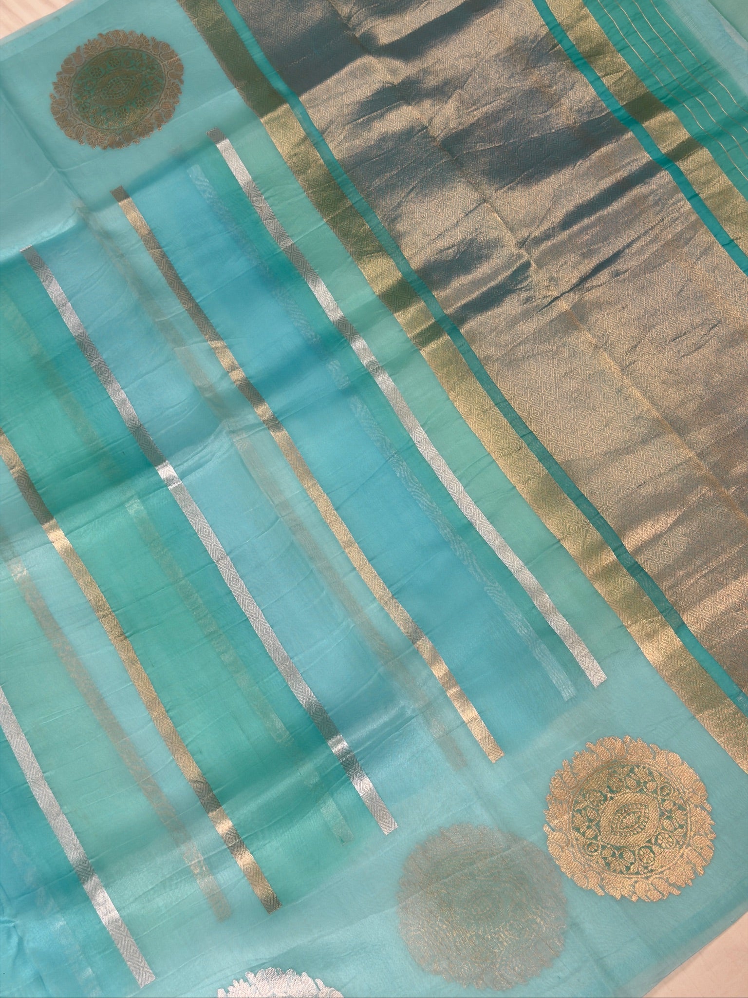 Sea Blue Handwoven Rangkaat Kora Silk Saree