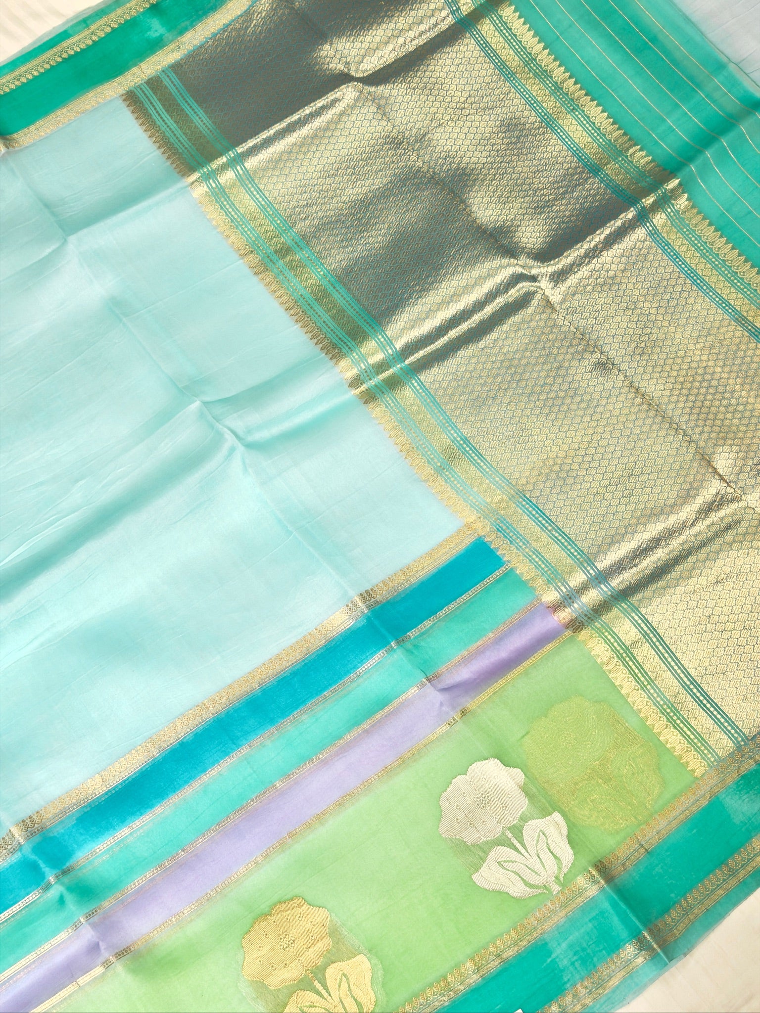 Sea Blue Handwoven Rangkaat Kora Silk Saree