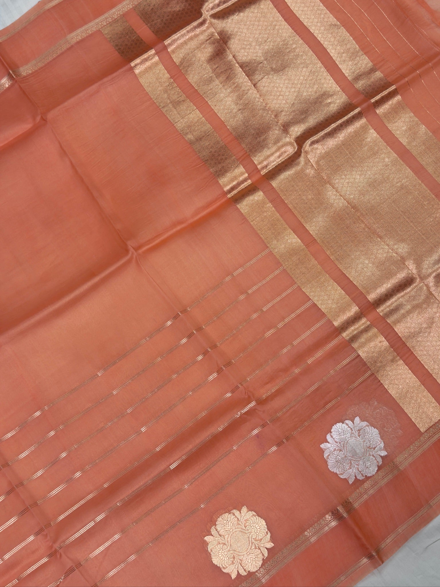 Peach Handwoven Kora Silk Saree
