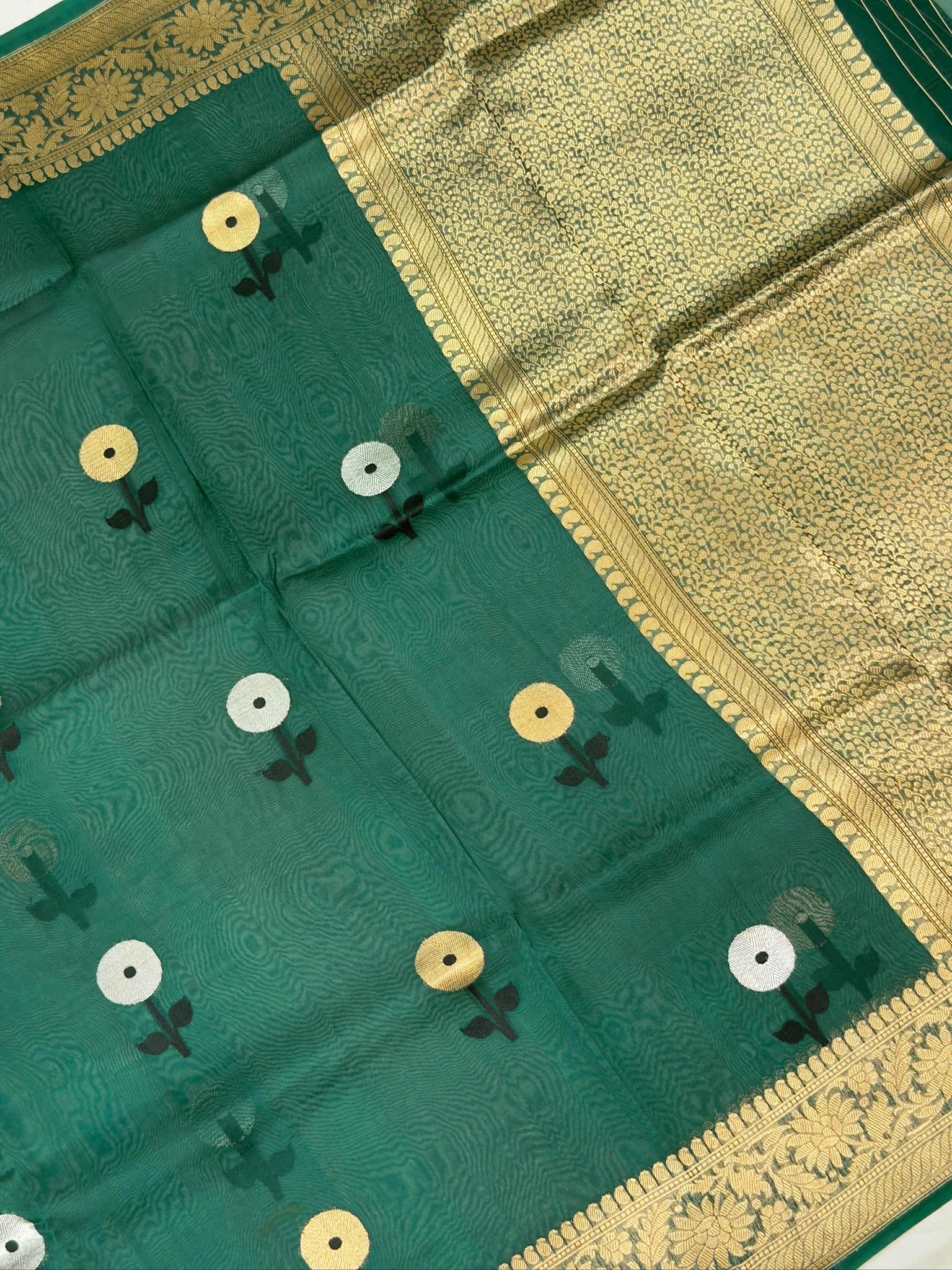 Bottle Green Handwoven Kora Silk Saree