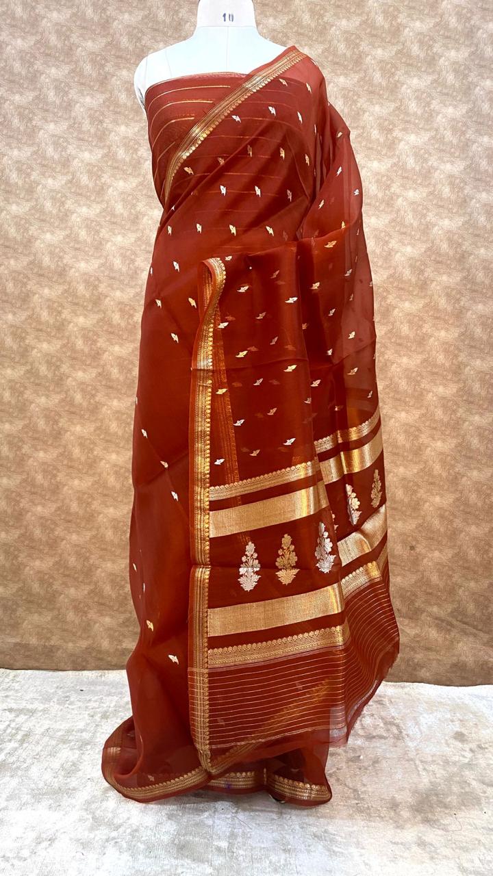 Terracotta Orange Pure Kora Organza Silk Saree – Handwoven Banarasi Zari Buti Saree with Rich Zari Pallu