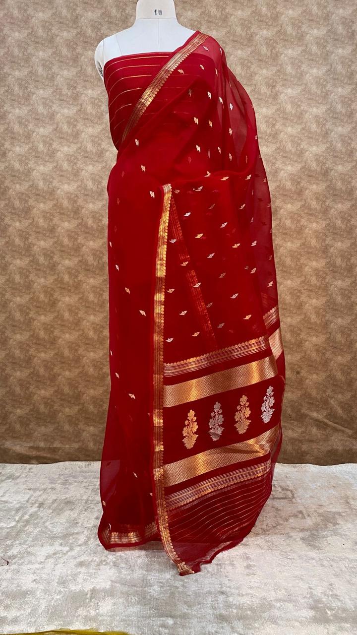 Red Pure Kora Organza Silk Saree – Handwoven Banarasi Zari Buti Saree with Rich Zari Pallu