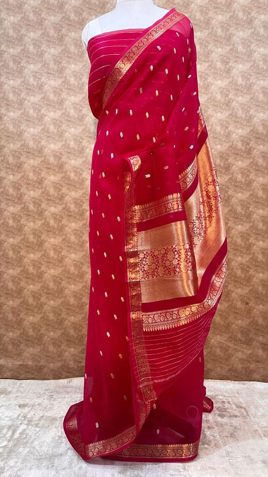 Ruby Red Pure Kora Organza Silk Saree – Handwoven Banarasi Zari Buti Saree with Rich Zari Pallu