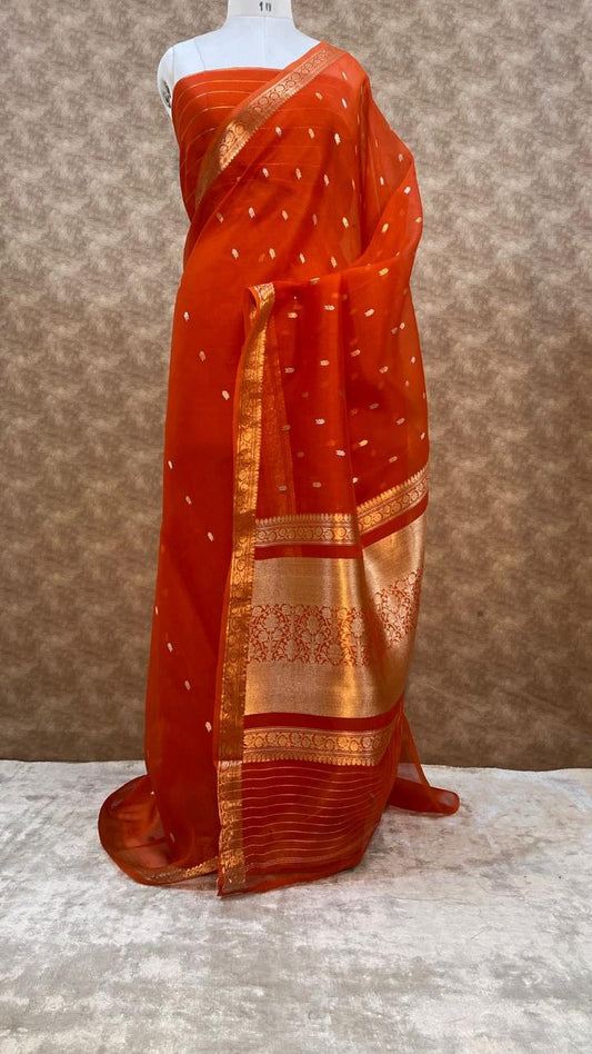 Rust Orange Pure Kora Organza Silk Saree – Handwoven Banarasi Zari Buti Saree with Rich Zari Pallu