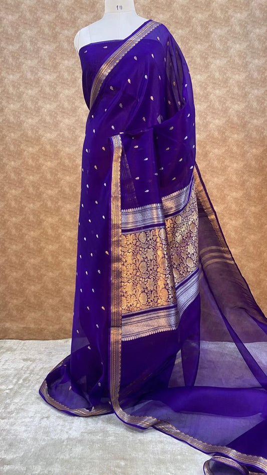 Imperial Purple Pure Kora Organza Silk Saree – Handwoven Banarasi Zari Buti Saree with Rich Zari Pallu