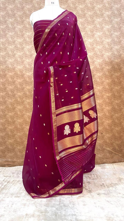 Maroon Pure Kora Organza Silk Saree – Handwoven Banarasi Zari Buti Saree with Rich Zari Pallu