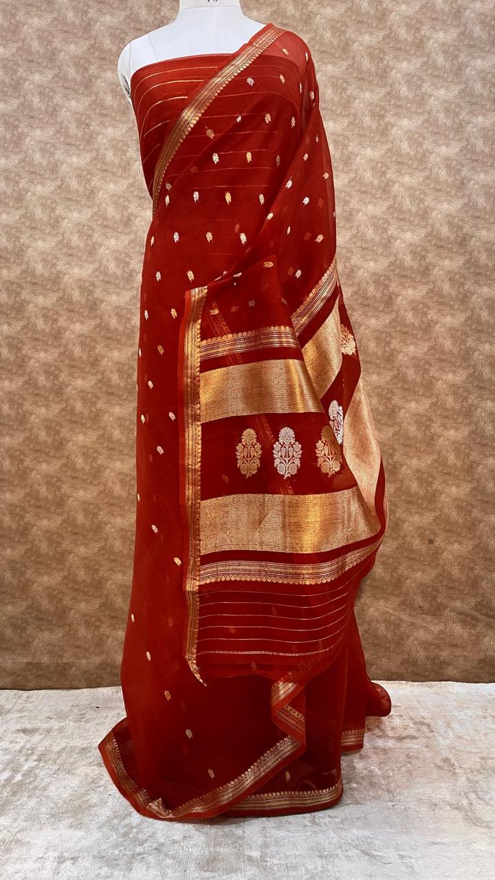 Terracotta Orange Pure Kora Organza Silk Saree – Handwoven Banarasi Zari Buti Saree with Rich Zari Pallu