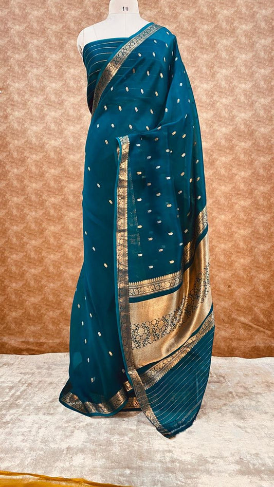 Teal Green Pure Kora Organza Silk Saree – Handwoven Banarasi Zari Buti Saree with Rich Zari Pallu
