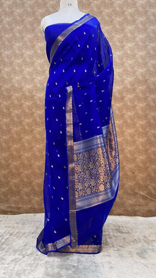 Royal Blue Pure Kora Organza Silk Saree – Handwoven Banarasi Zari Buti Saree with Rich Zari Pallu