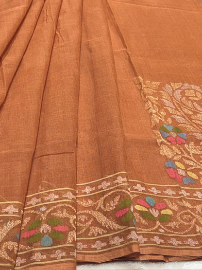 Natural Copper Peach Pure Cotton Jamdani  Real Gold Silver Zari Handwoven Saree